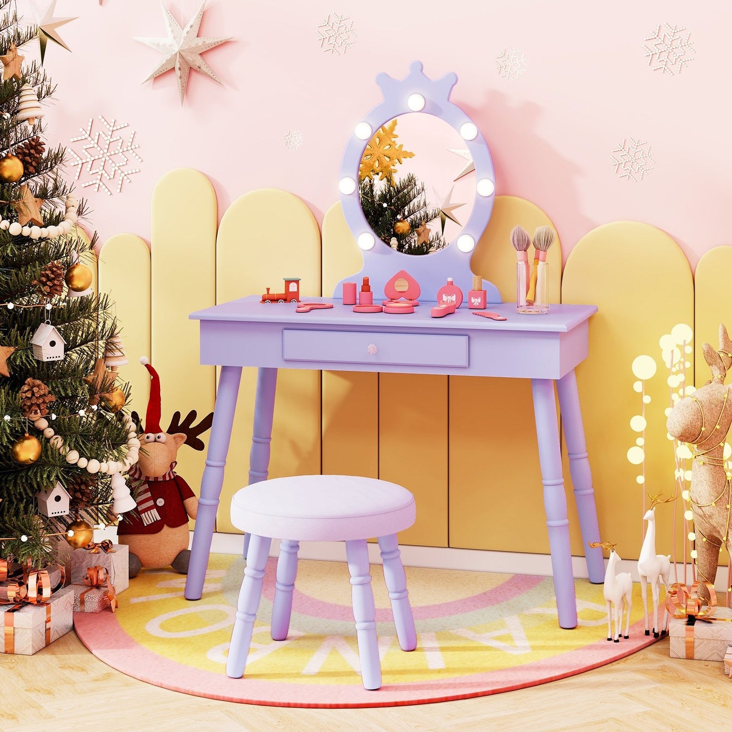 Kids Vanity Set with Lighted Mirror with Adjustable Brightness and Large Drawer-Pink