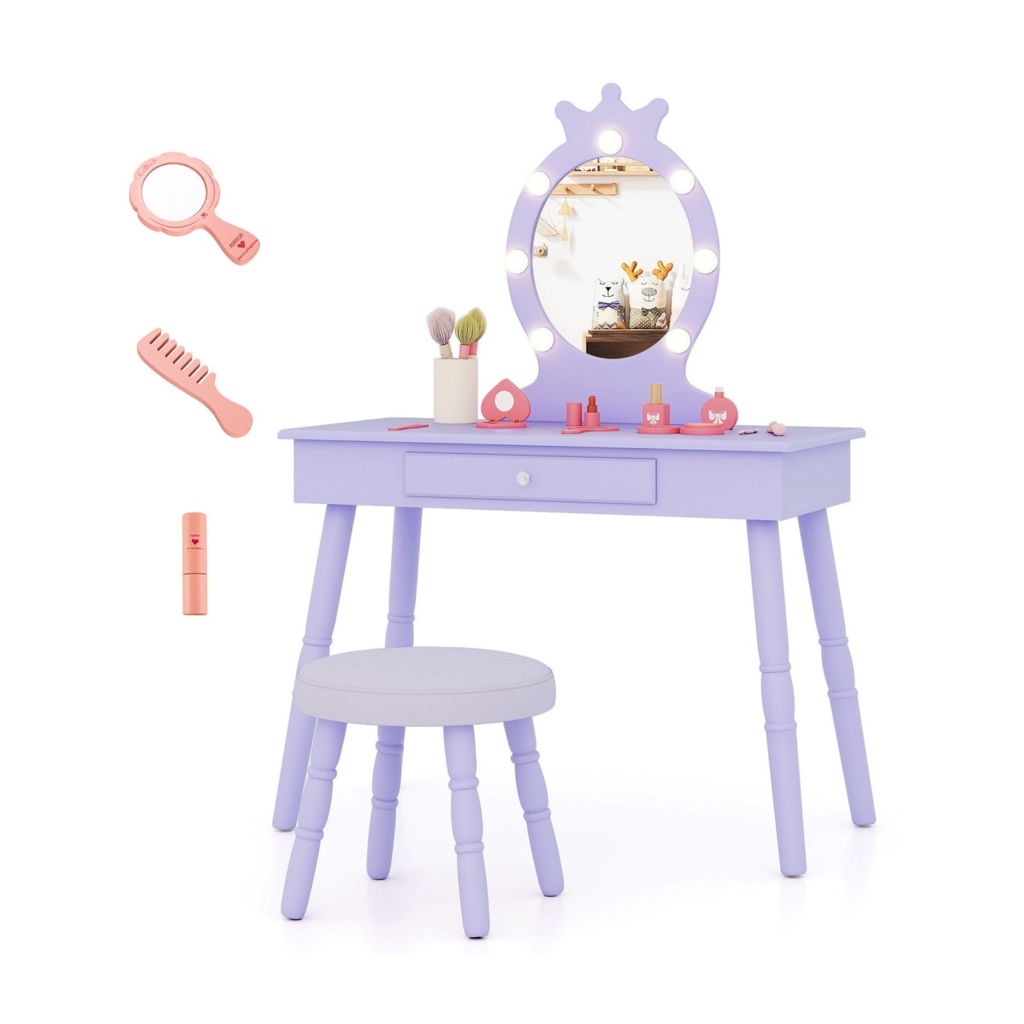 Kids Vanity Set with Lighted Mirror with Adjustable Brightness and Large Drawer-Pink