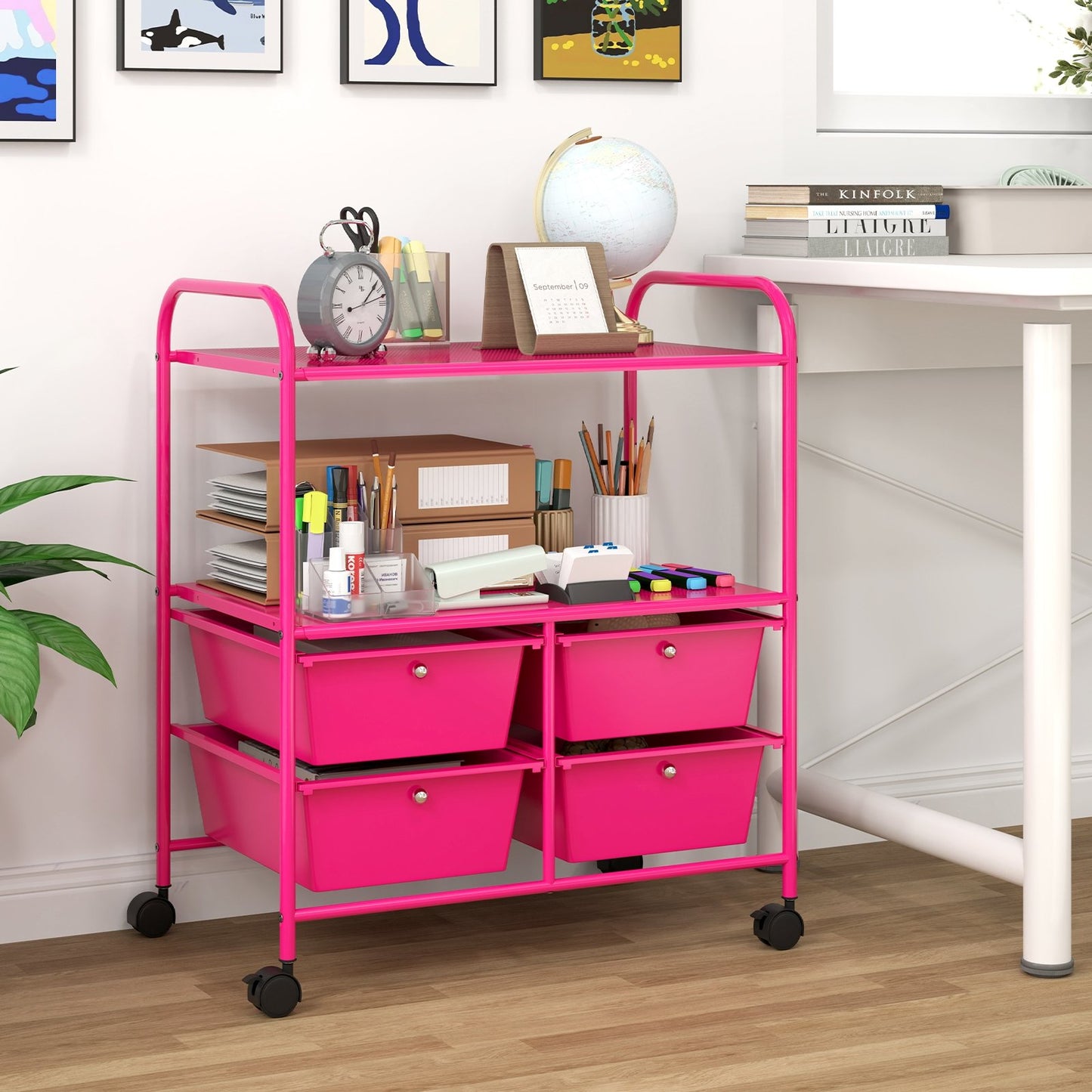 4 Drawers Shelves Rolling Storage Cart Rack-Black