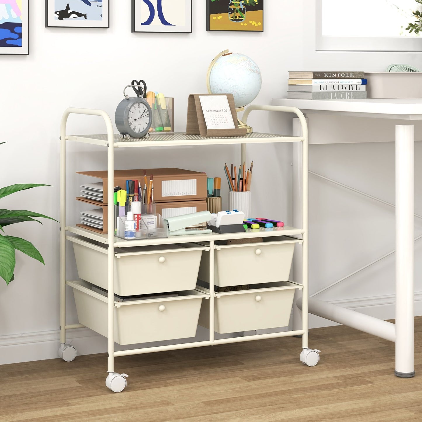 4 Drawers Shelves Rolling Storage Cart Rack-Black