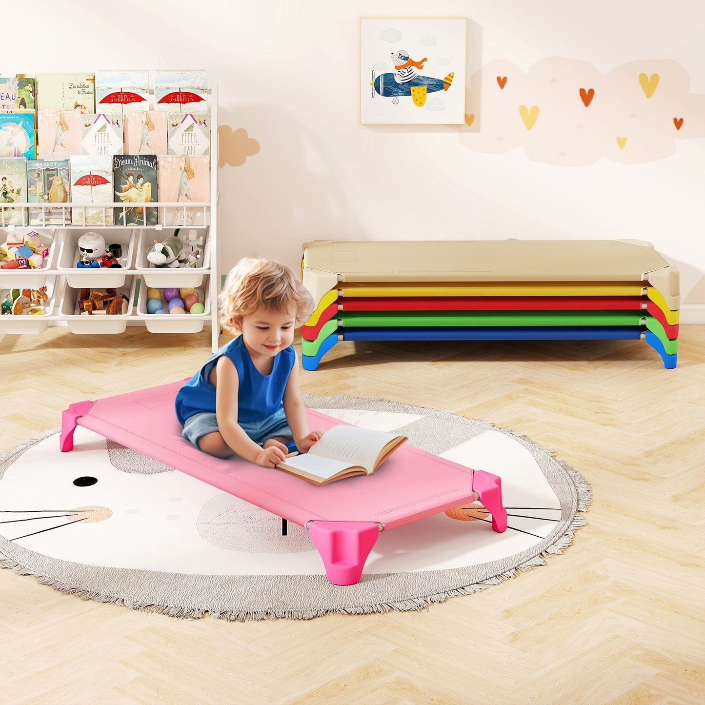 Portable 6 Pack Stackable Daycare Cots Sleeping Bed for Kids 52 Inch-Blue