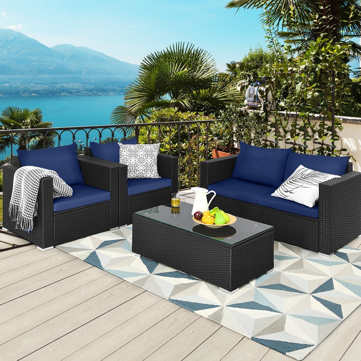 4 Pcs Patio Rattan Cushioned Furniture Set-Dark Black