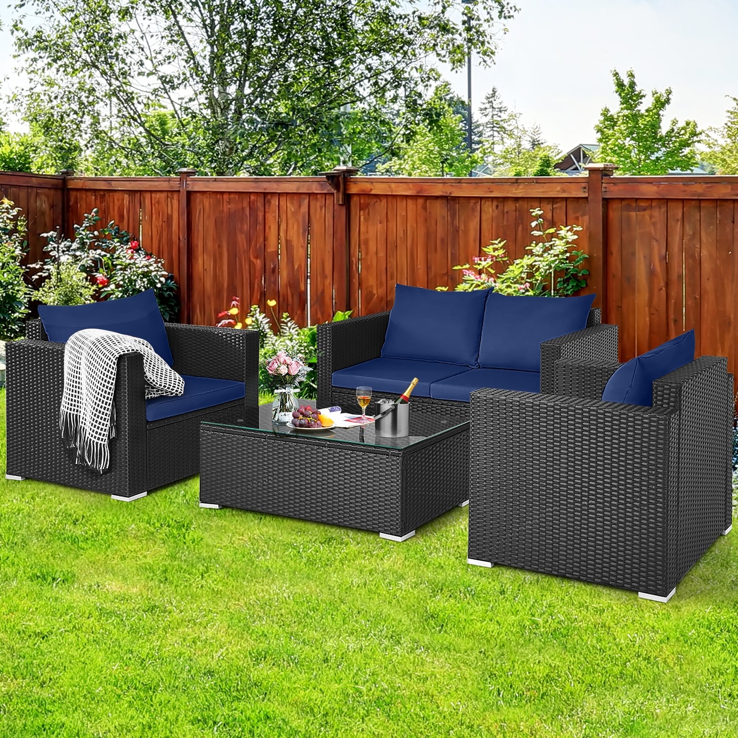 4 Pcs Patio Rattan Cushioned Furniture Set-Dark Black