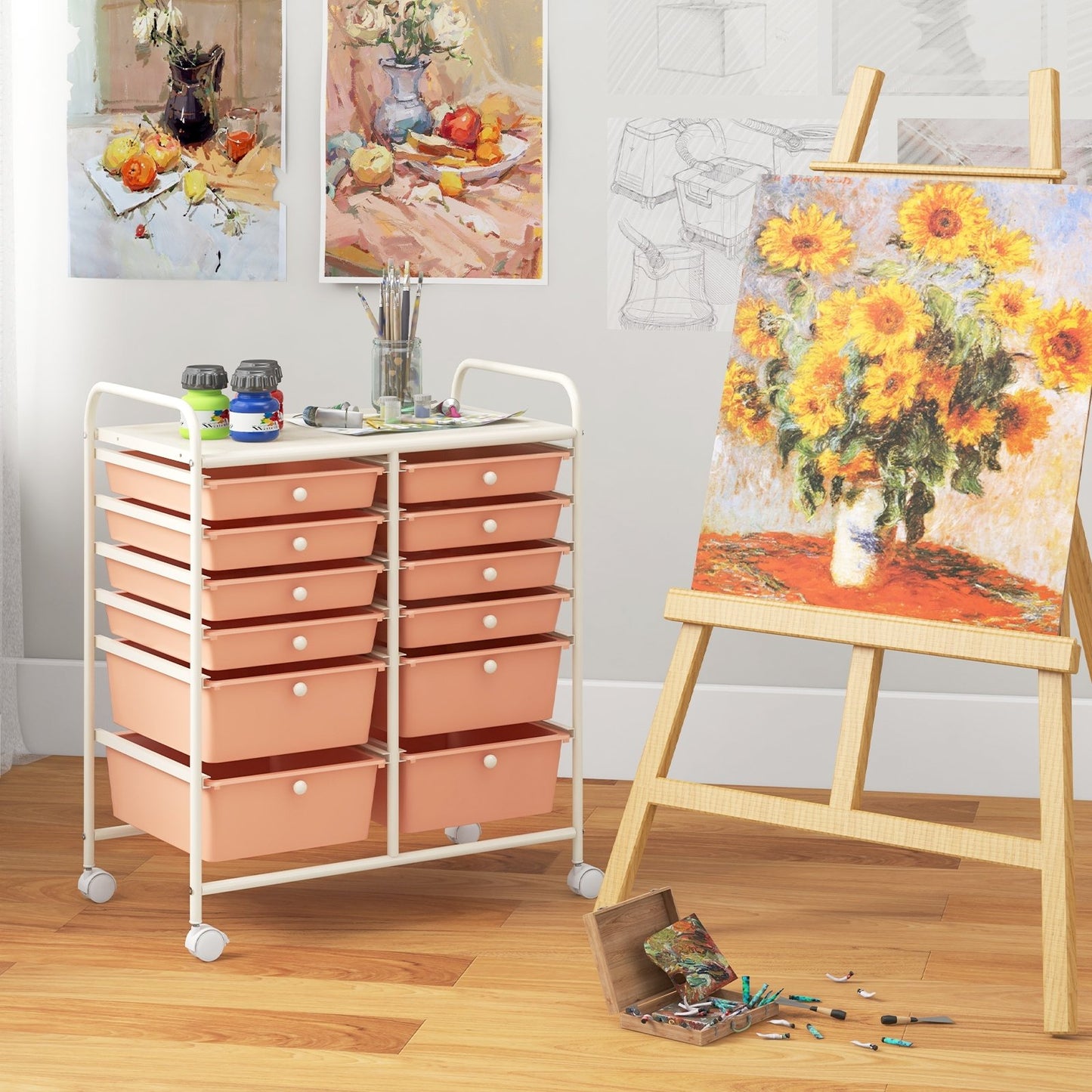 12-Drawer Rolling Storage Cart with Removable Drawers and Lockable Wheels-White