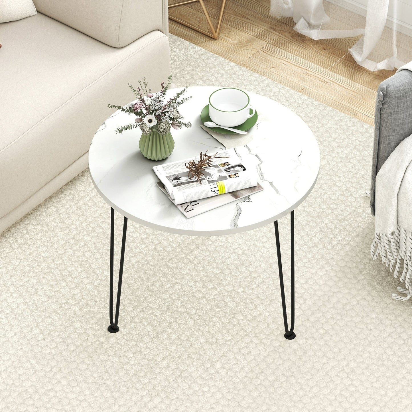 Round Coffee Table with Thickened Tabletop and Metal Tripod Legs-Black