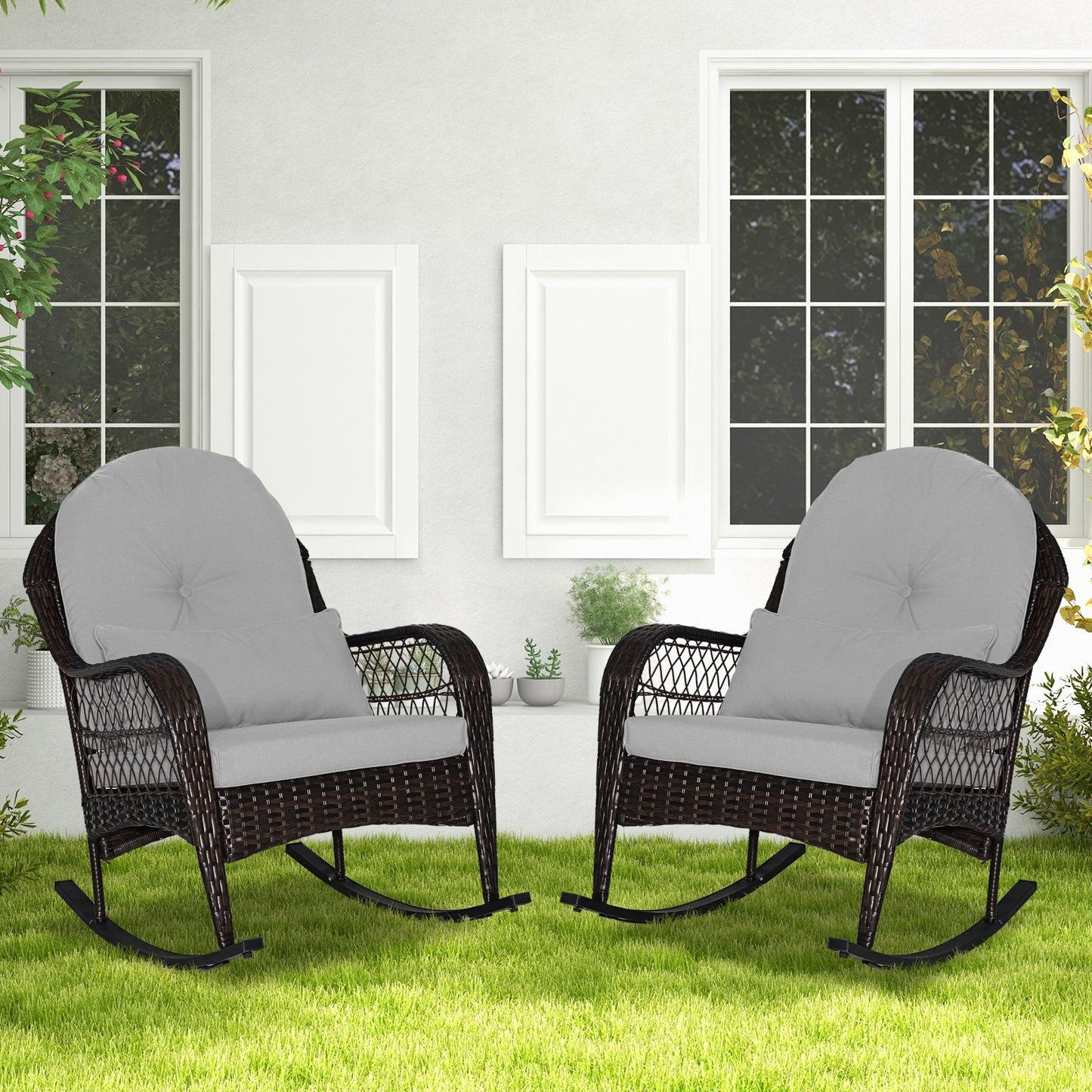 Patio Rattan Rocking Chair with Seat Back Cushions and Waist Pillow-Black