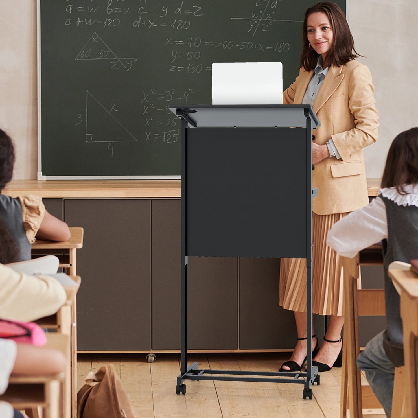 3-Position Height Adjustable Lectern Table with Tilted Tabletop-Black