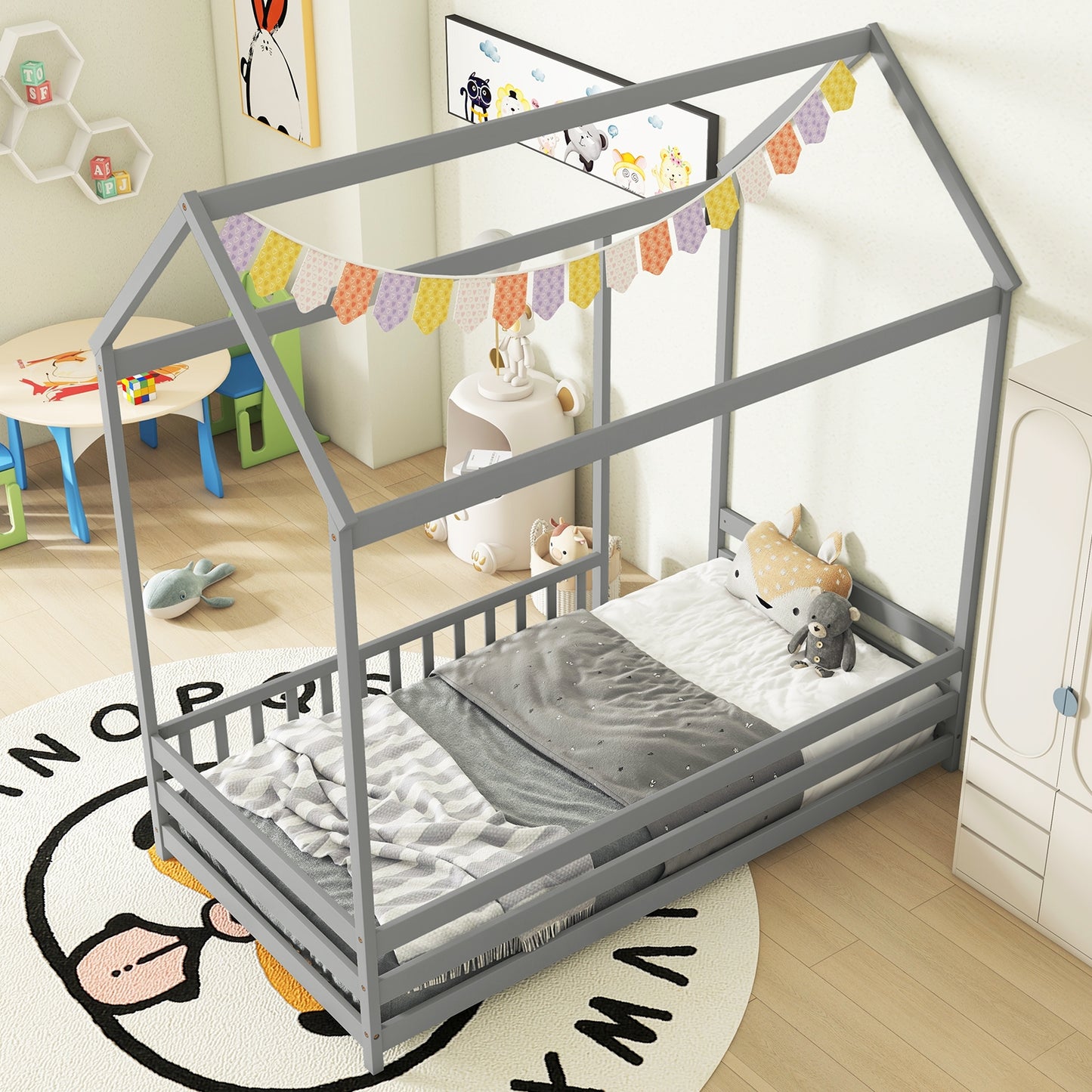 Twin Size Kids House Bed Wooden Floor Bed with Roof and Full-length Safety Guardrail-Gray