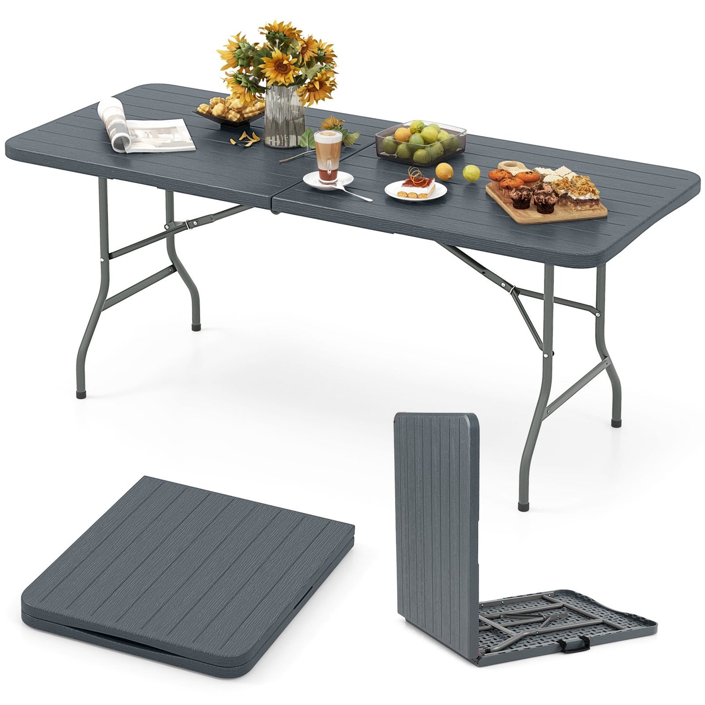 6 Feet Folding Table with Wood Grain HDPE Tabletop and Safe Lock Mechanism-Brown