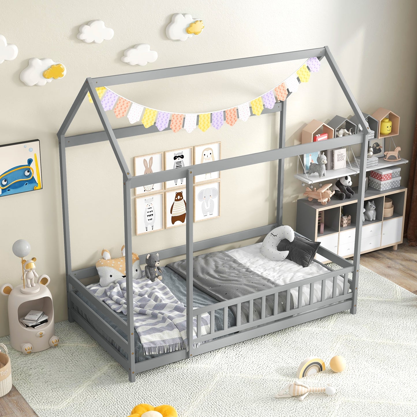 Twin Size Kids House Bed Wooden Floor Bed with Roof and Full-length Safety Guardrail-Gray