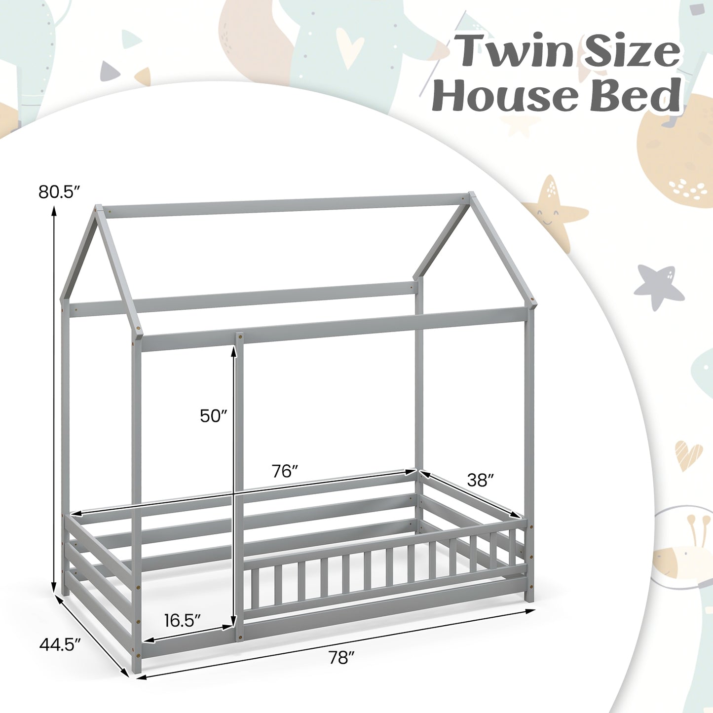 Twin Size Kids House Bed Wooden Floor Bed with Roof and Full-length Safety Guardrail-Gray