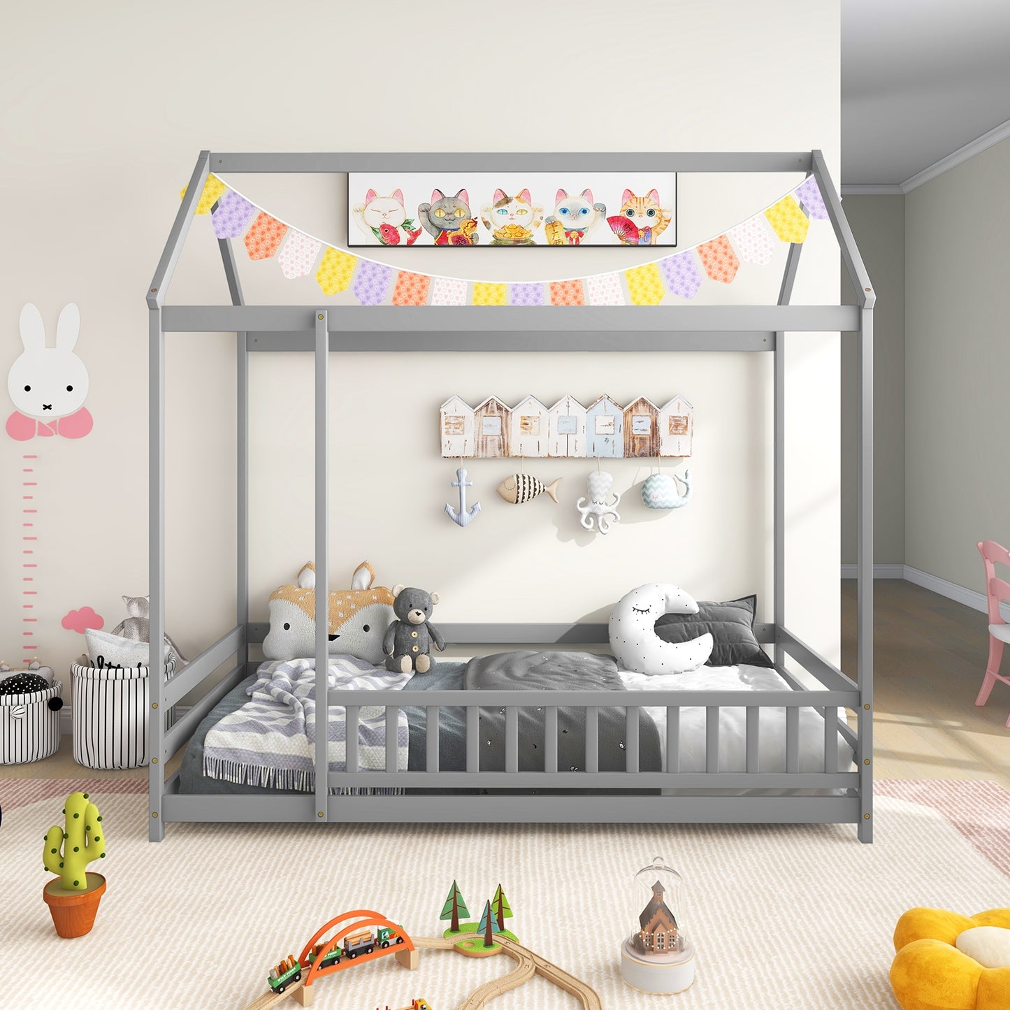 Twin Size Kids House Bed Wooden Floor Bed with Roof and Full-length Safety Guardrail-Gray
