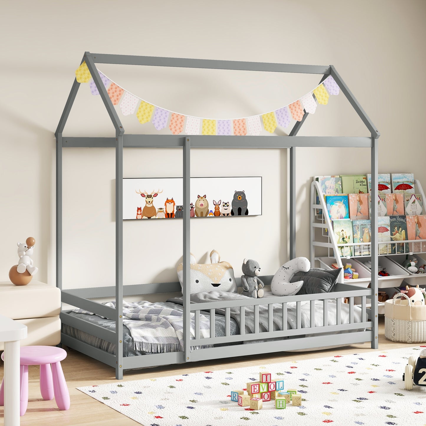 Twin Size Kids House Bed Wooden Floor Bed with Roof and Full-length Safety Guardrail-Gray