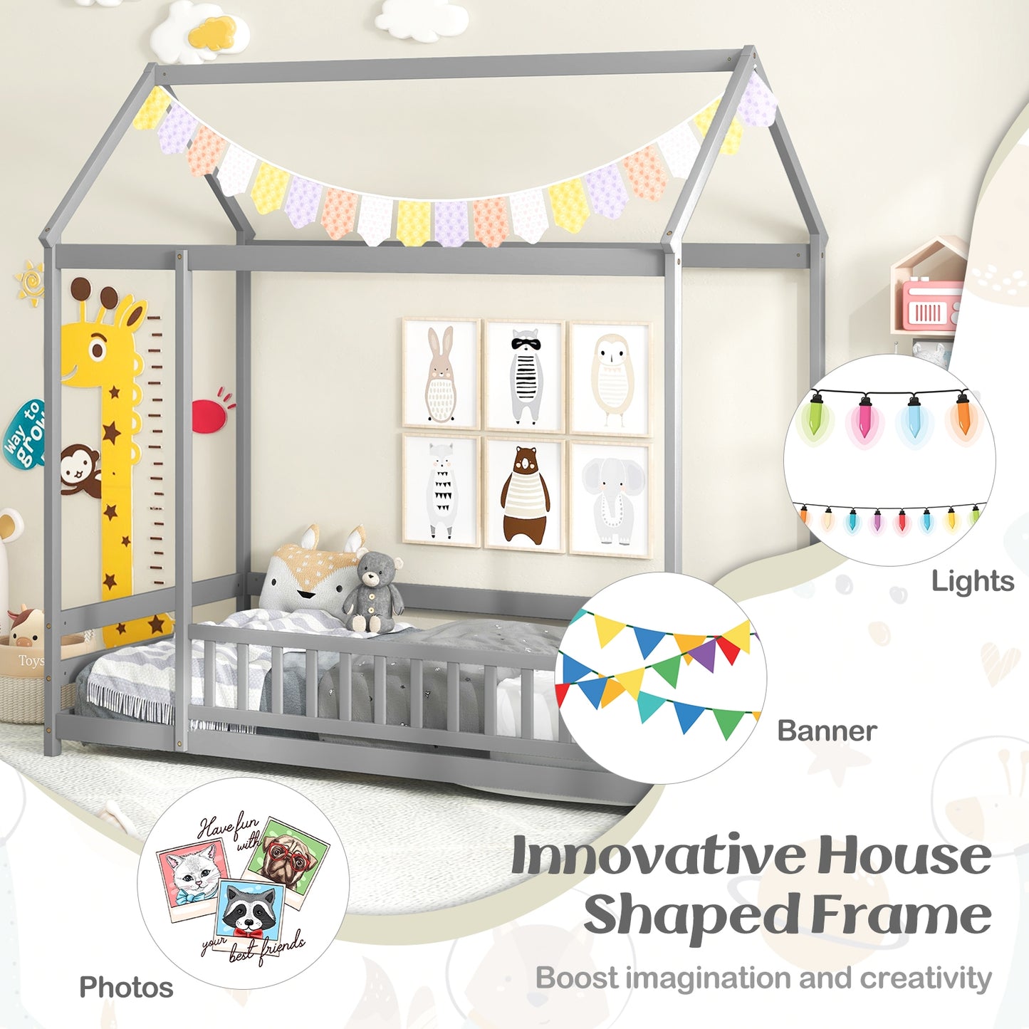 Twin Size Kids House Bed Wooden Floor Bed with Roof and Full-length Safety Guardrail-Gray