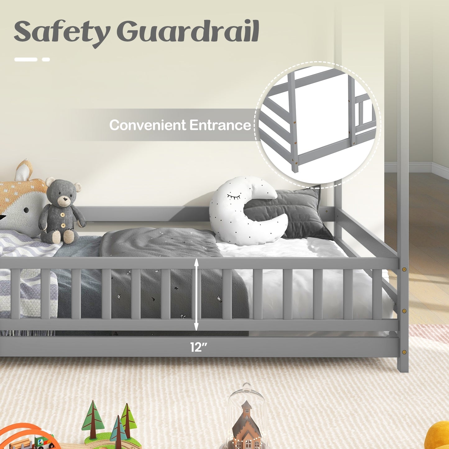 Twin Size Kids House Bed Wooden Floor Bed with Roof and Full-length Safety Guardrail-Gray
