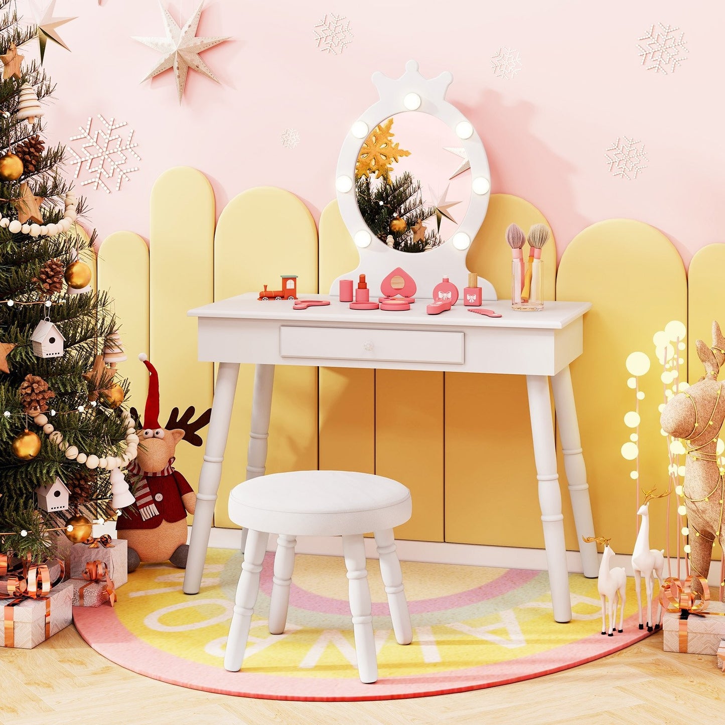 Kids Vanity Set with Lighted Mirror with Adjustable Brightness and Large Drawer-Pink