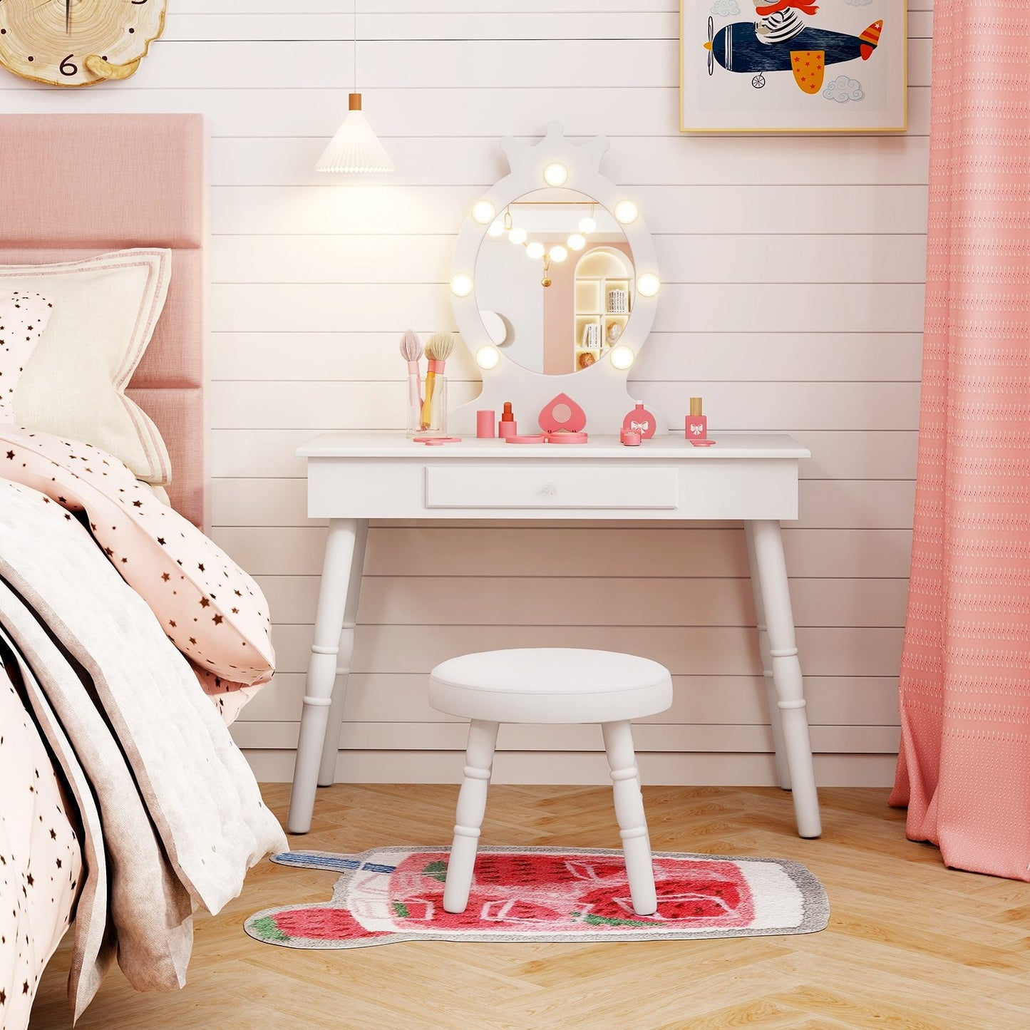 Kids Vanity Set with Lighted Mirror with Adjustable Brightness and Large Drawer-Pink