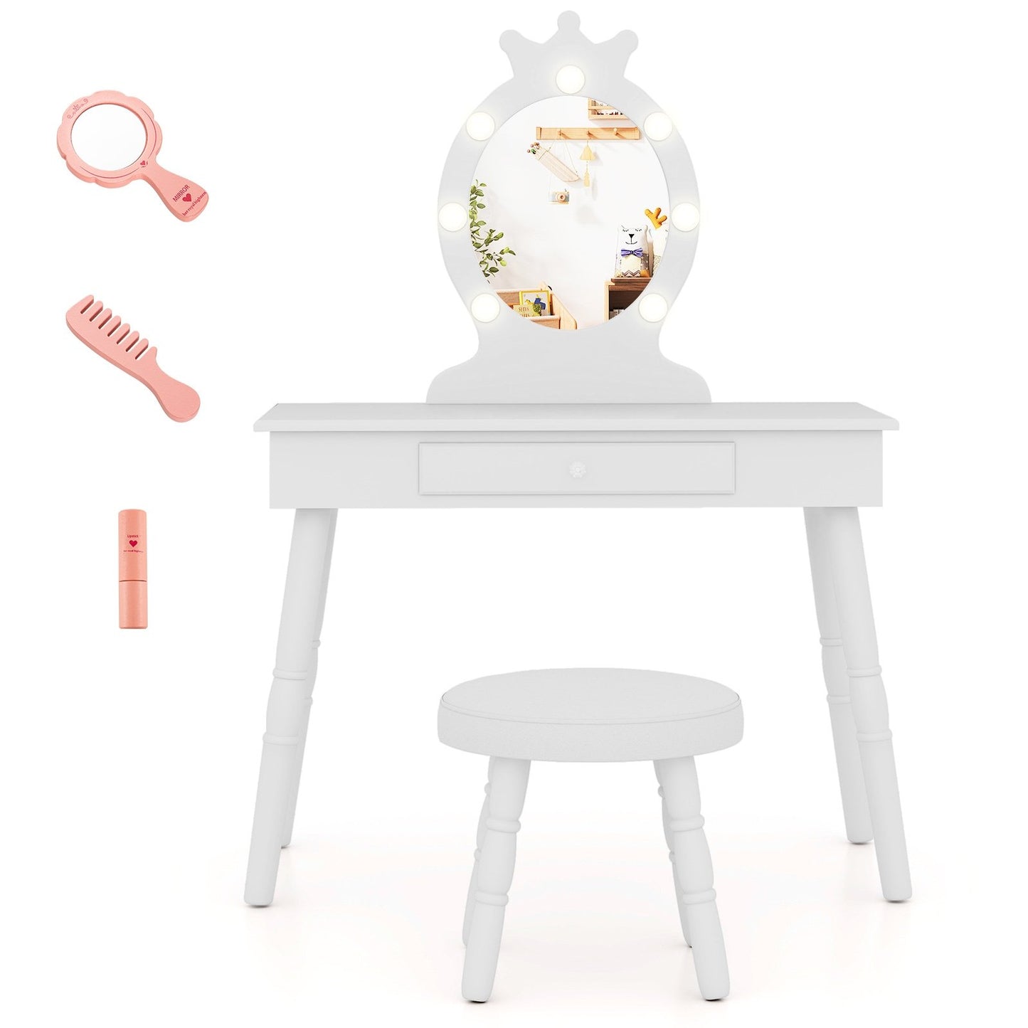Kids Vanity Set with Lighted Mirror with Adjustable Brightness and Large Drawer-Pink
