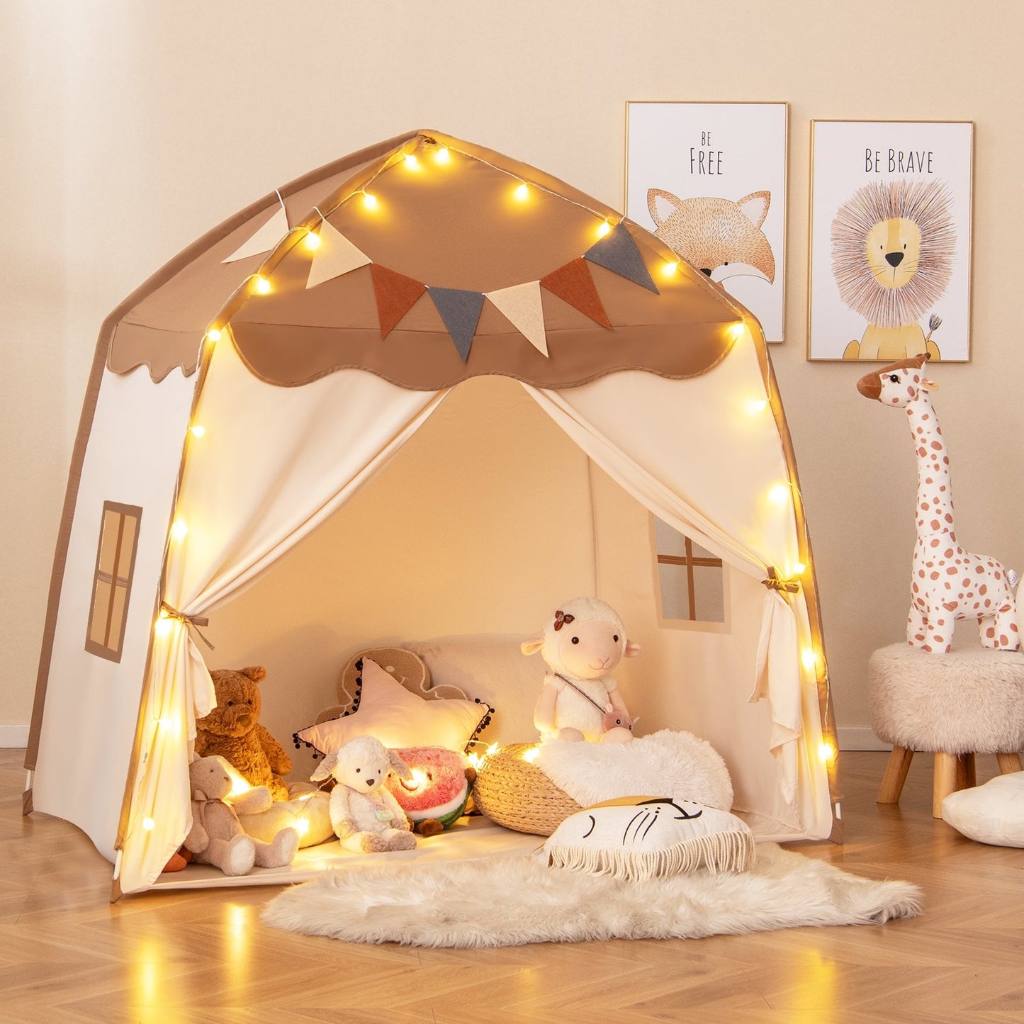 Kids Play Tent Bed Tent with String Lights Extra Large Playhouse Tent-Beige