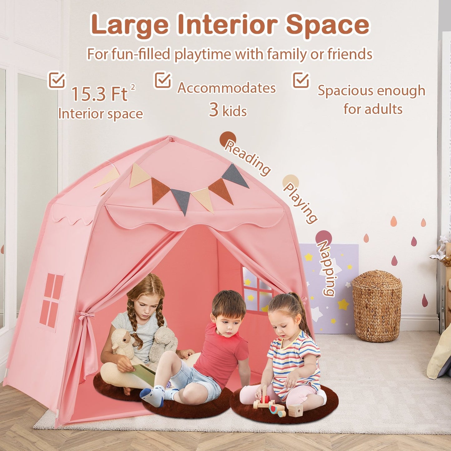 Kids Play Tent Bed Tent with String Lights Extra Large Playhouse Tent-Beige