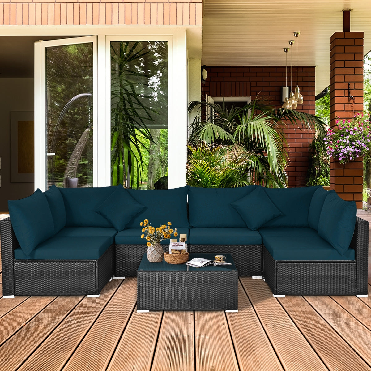 7 Pieces Sectional Wicker Furniture Sofa Set with Tempered Glass Top-Peacock Blue