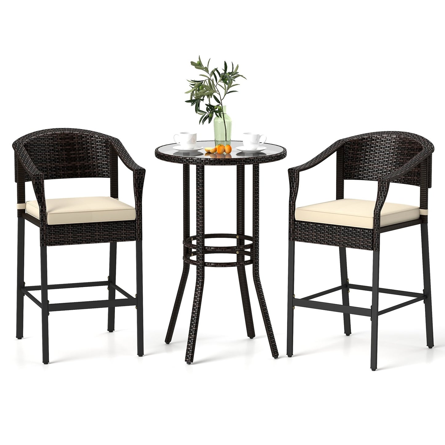 3-Piece Patio Rattan Bar Set with Tempered Glass Top for Backyard Poolside-Brown