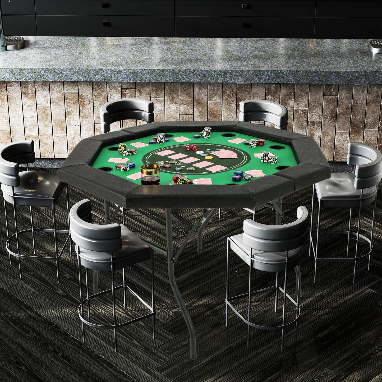 48 Inches Foldable Poker Table with Padded Rails and Cup Holders-Blue