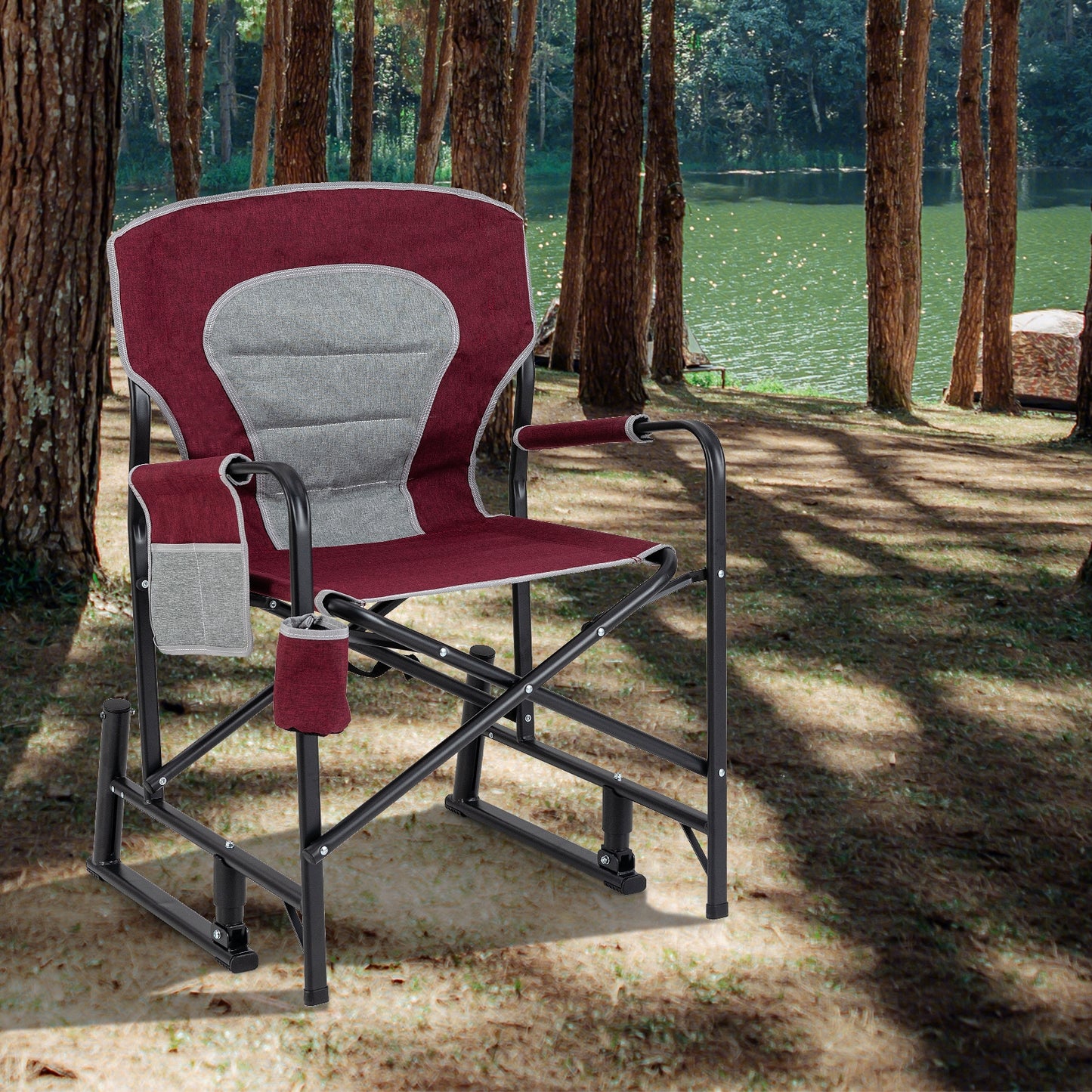 Outdoor Rocker Camping Chair with Dual Springs and Padded Back-Black