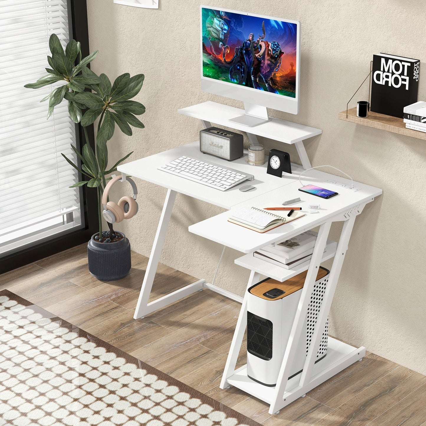 L Shaped Gaming Desk with Outlets and USB Ports-Black