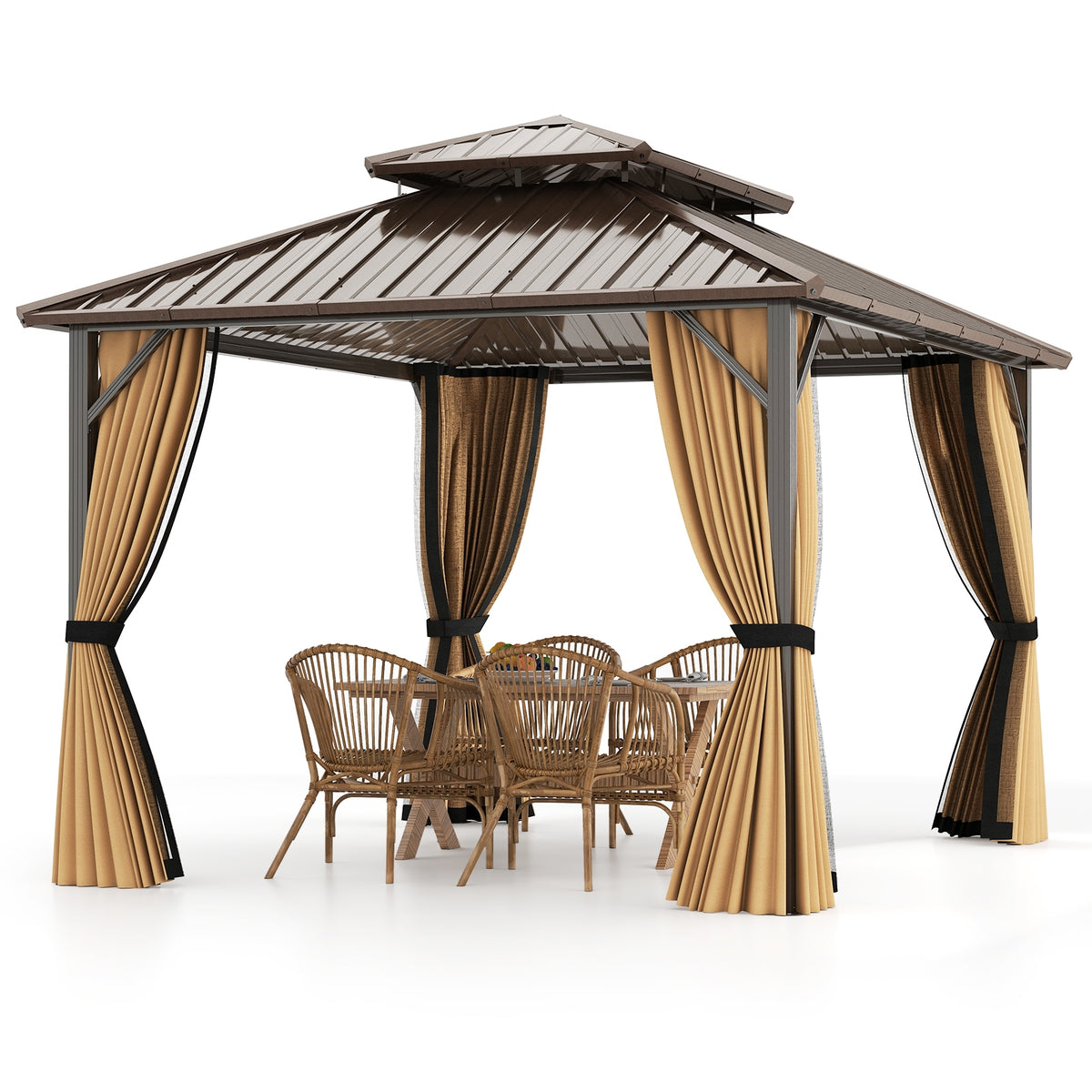 10 x 12 feet galvanized metal gazebo with double roof, netting, and curtains for outdoor shade and shelter.