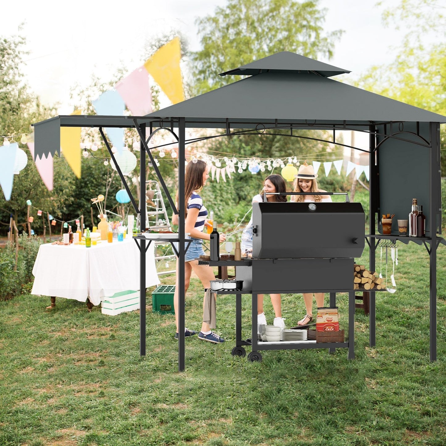 13 x 5 Feet Grill Gazebo with Dual Side Awnings and 2 Shelves Adjustable Shadow-Coffee