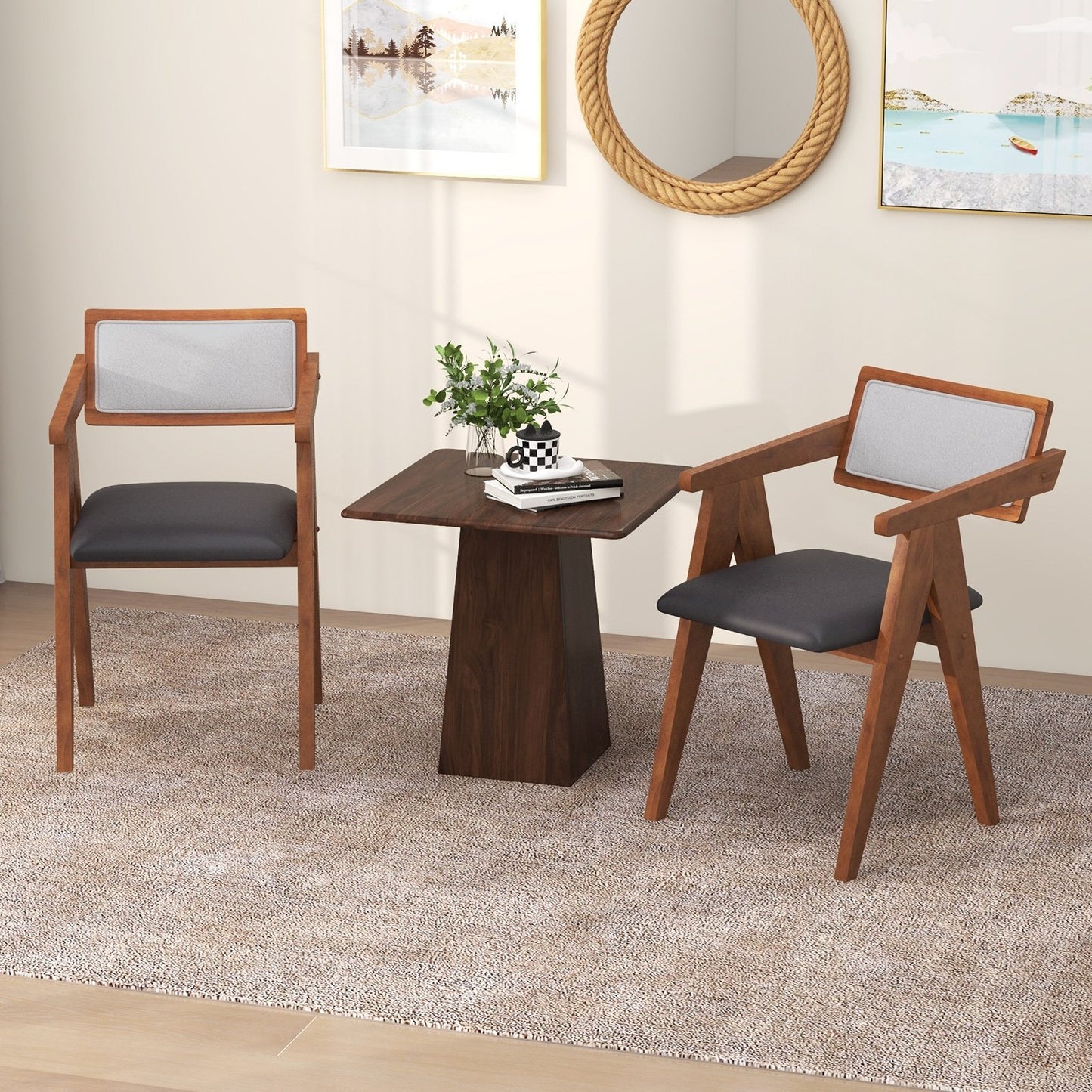Mid Century Wooden Accent Chairs with Leathaire Seat Cushions Set of 2-Beige