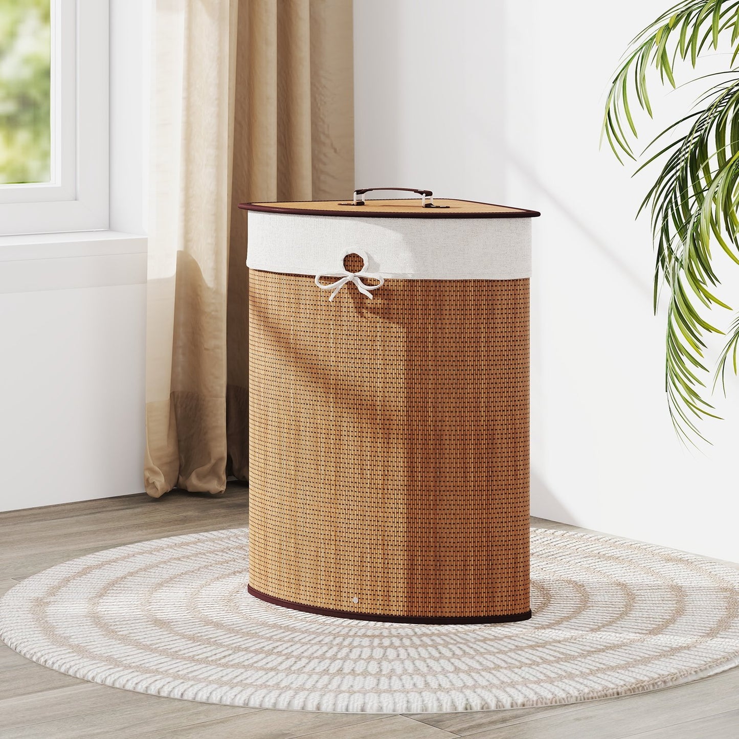 Corner Bamboo Hamper Laundry Basket with Lid and Removable Liner-Black