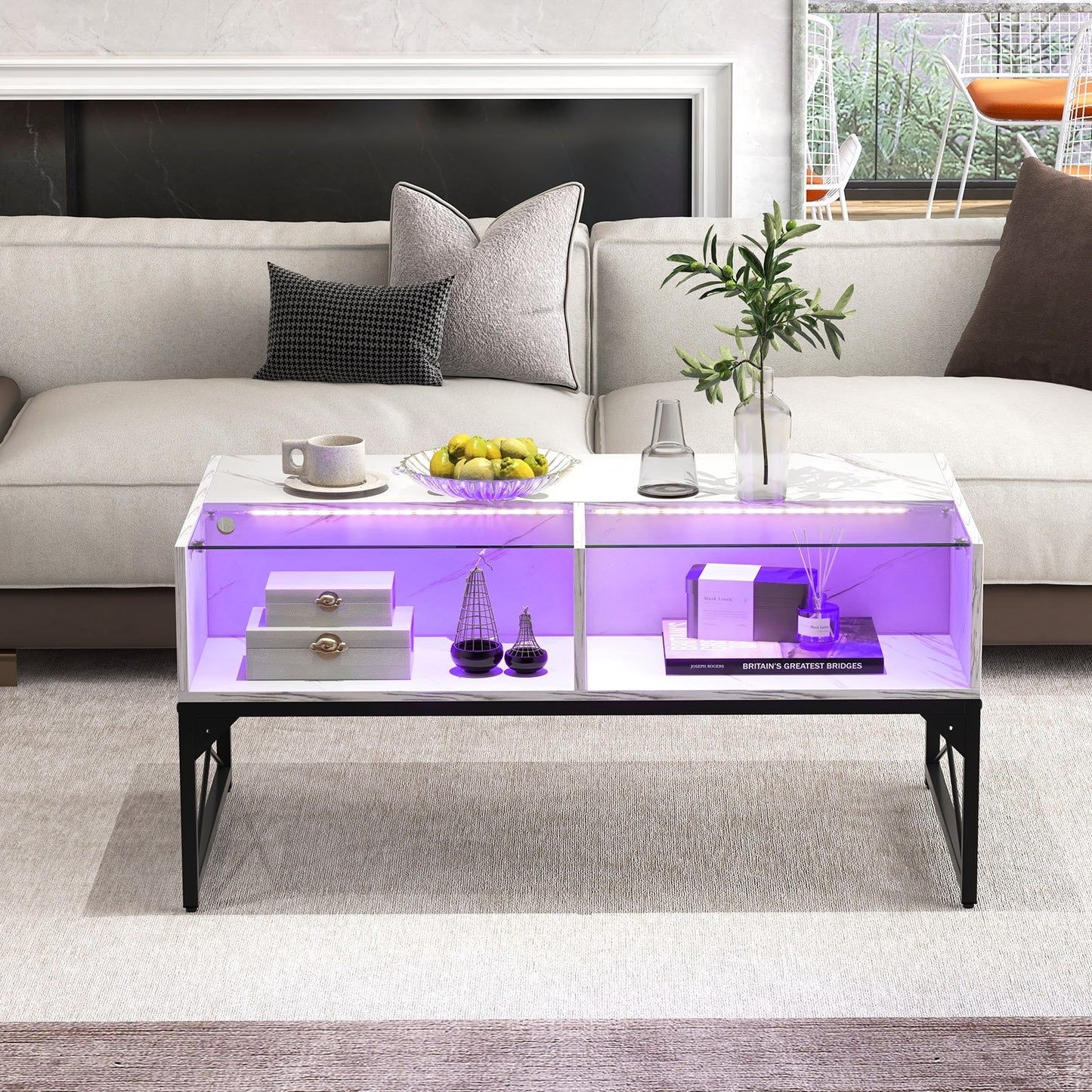 Center Table with Faux Marble and Tempered Glass Top-Black