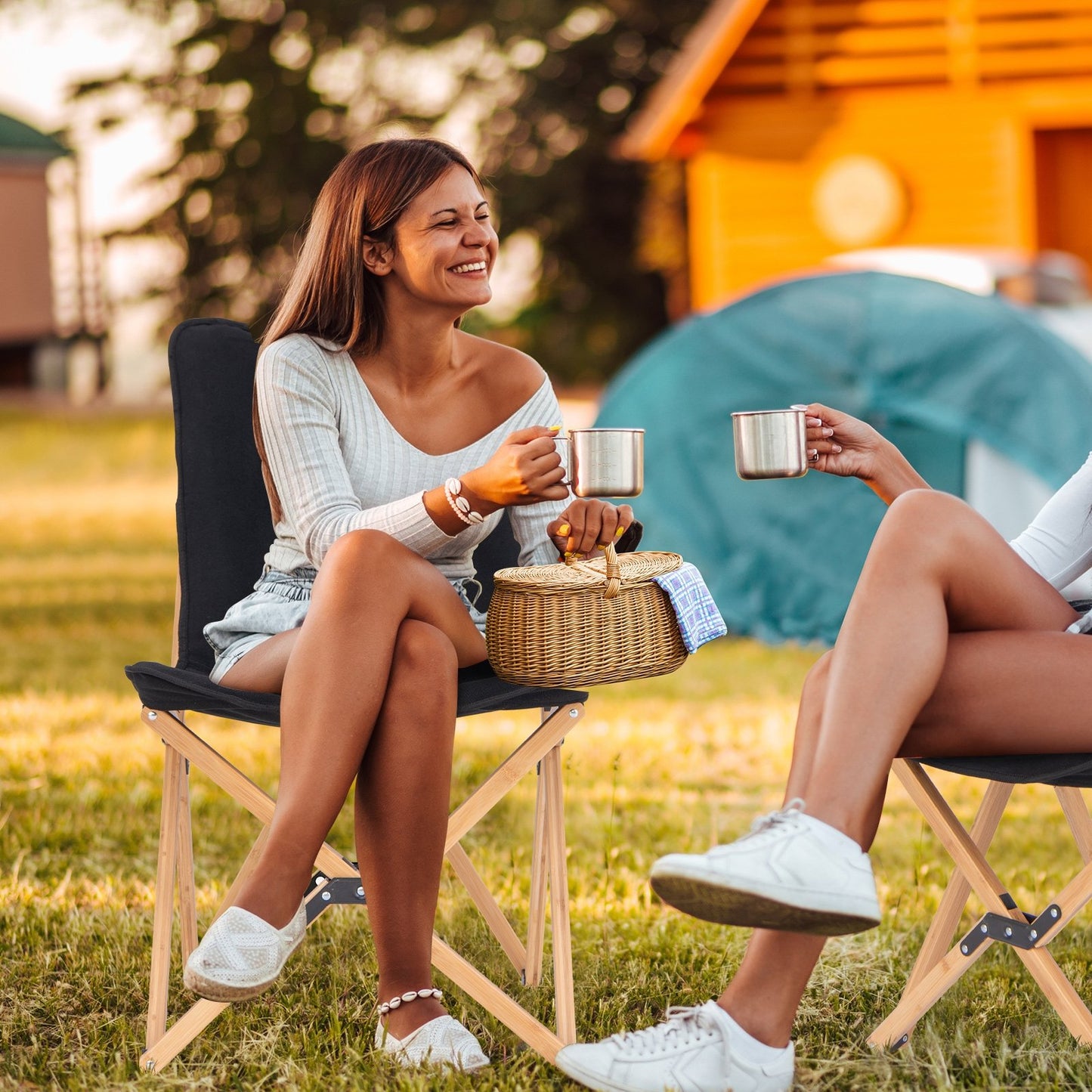 Set of 2 Bamboo Dorm Chair with Storage Pocket for Camping and Fishing-Beige