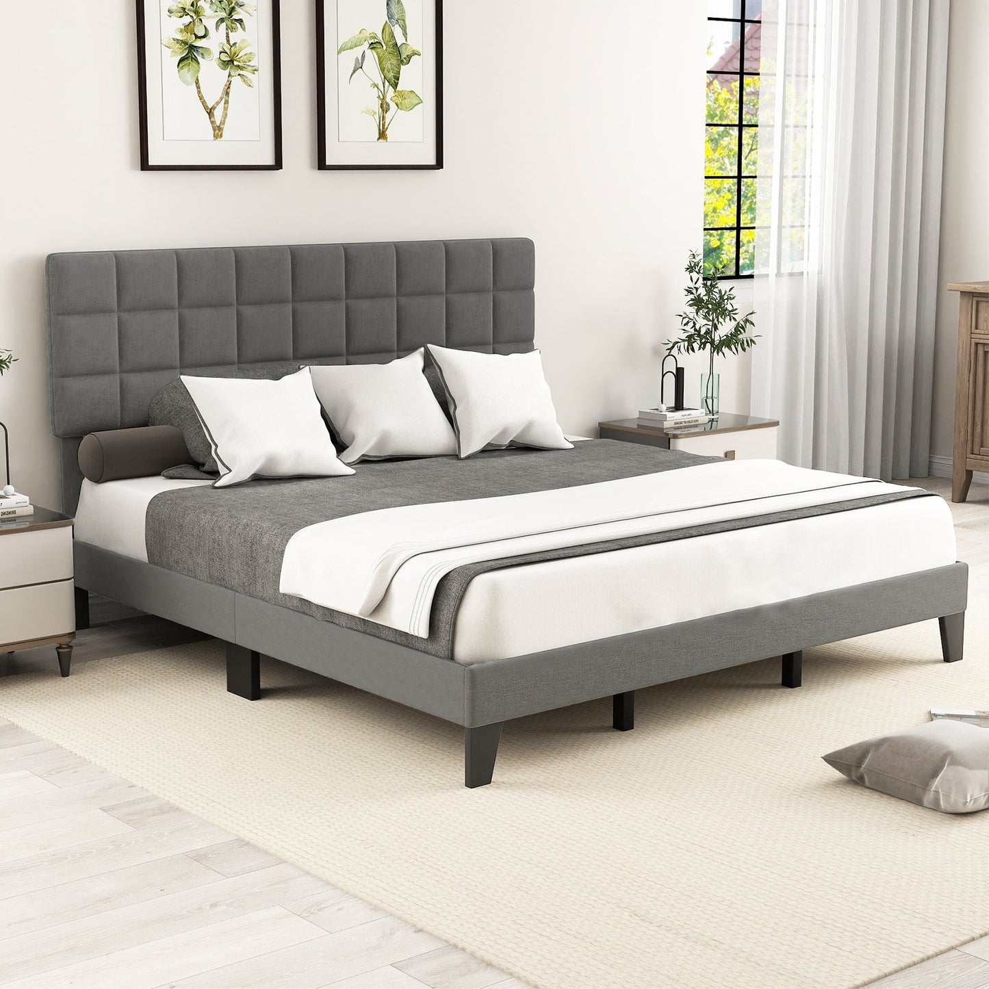 Full Size Modern Linen Bed Frame with Adjustable Headboard-Gray