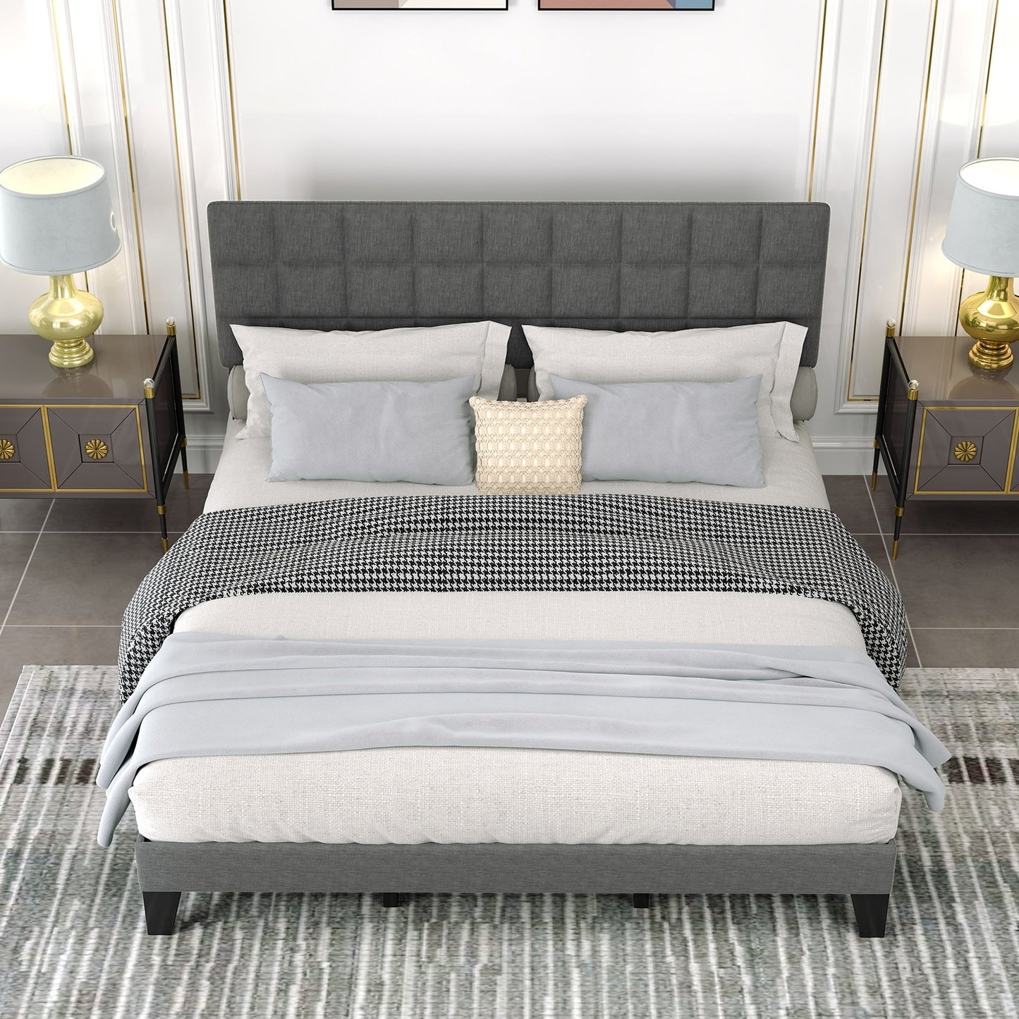 Full Size Modern Linen Bed Frame with Adjustable Headboard-Gray