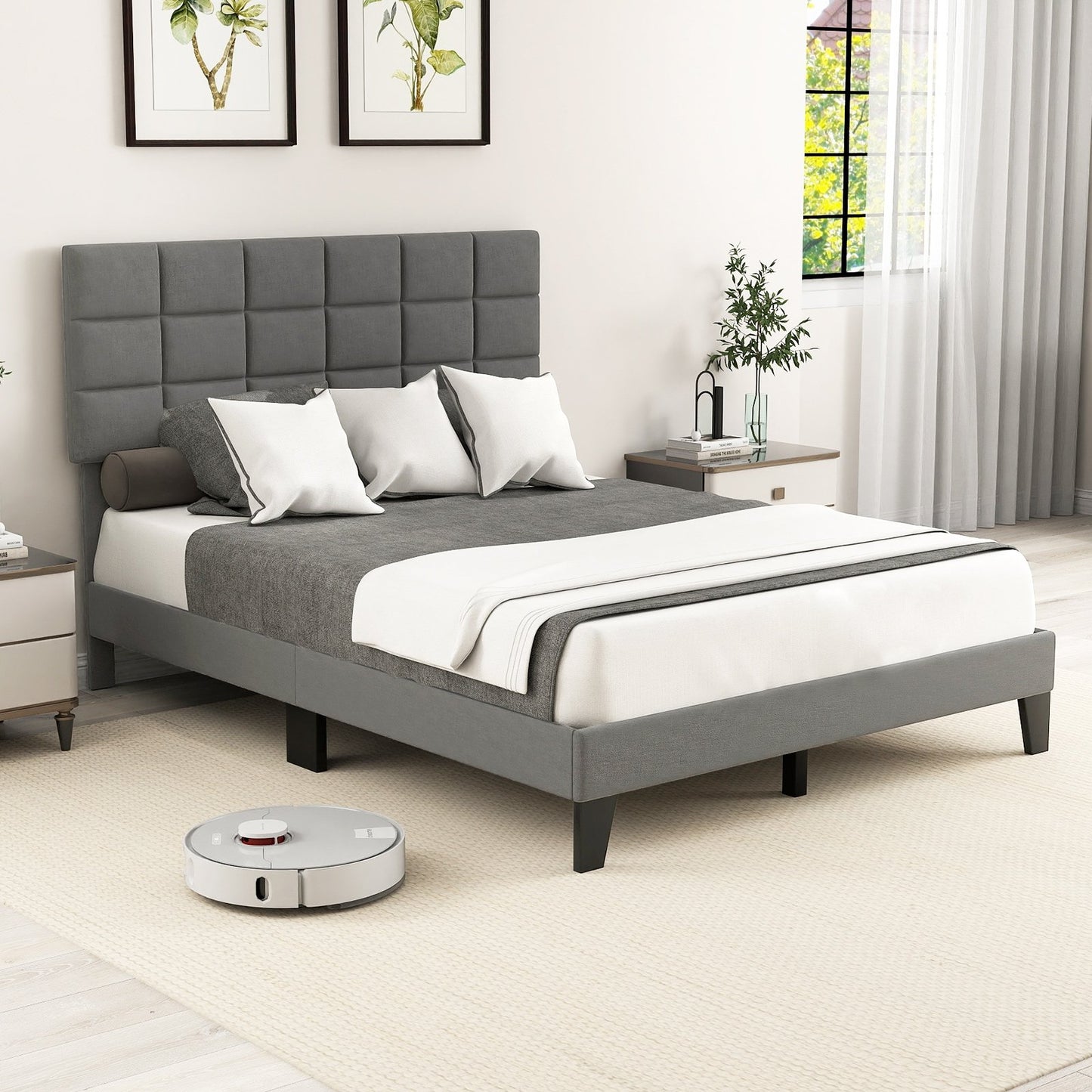 Full Size Modern Linen Bed Frame with Adjustable Headboard-Gray
