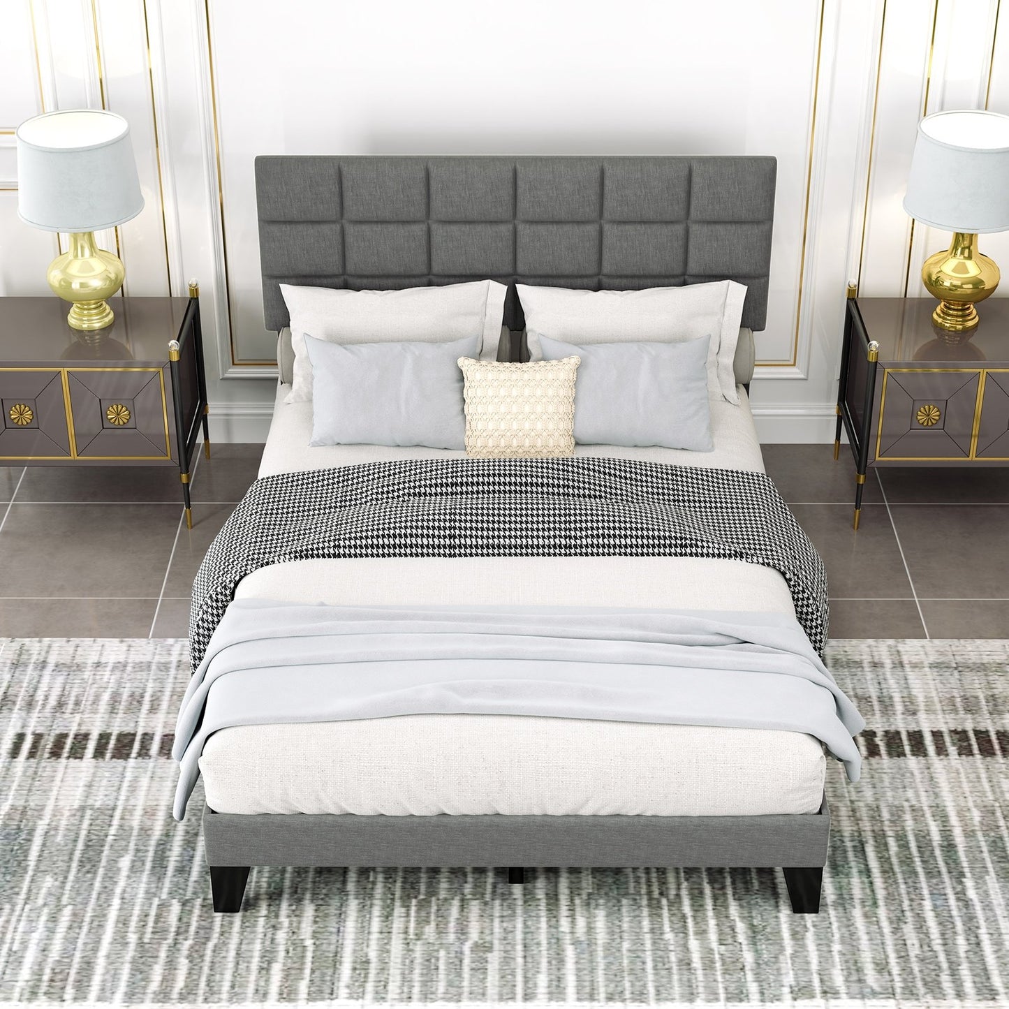 Full Size Modern Linen Bed Frame with Adjustable Headboard-Gray