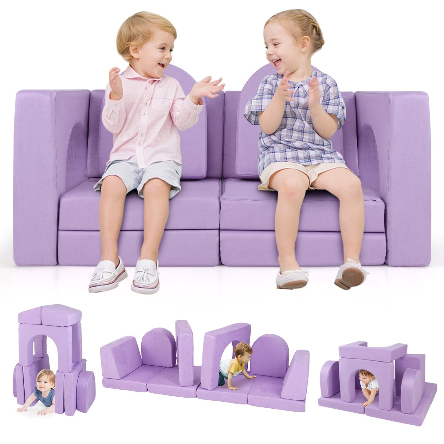 8-Piece Modular Kids Play Couch with Comfy Suede Fabric-Gray