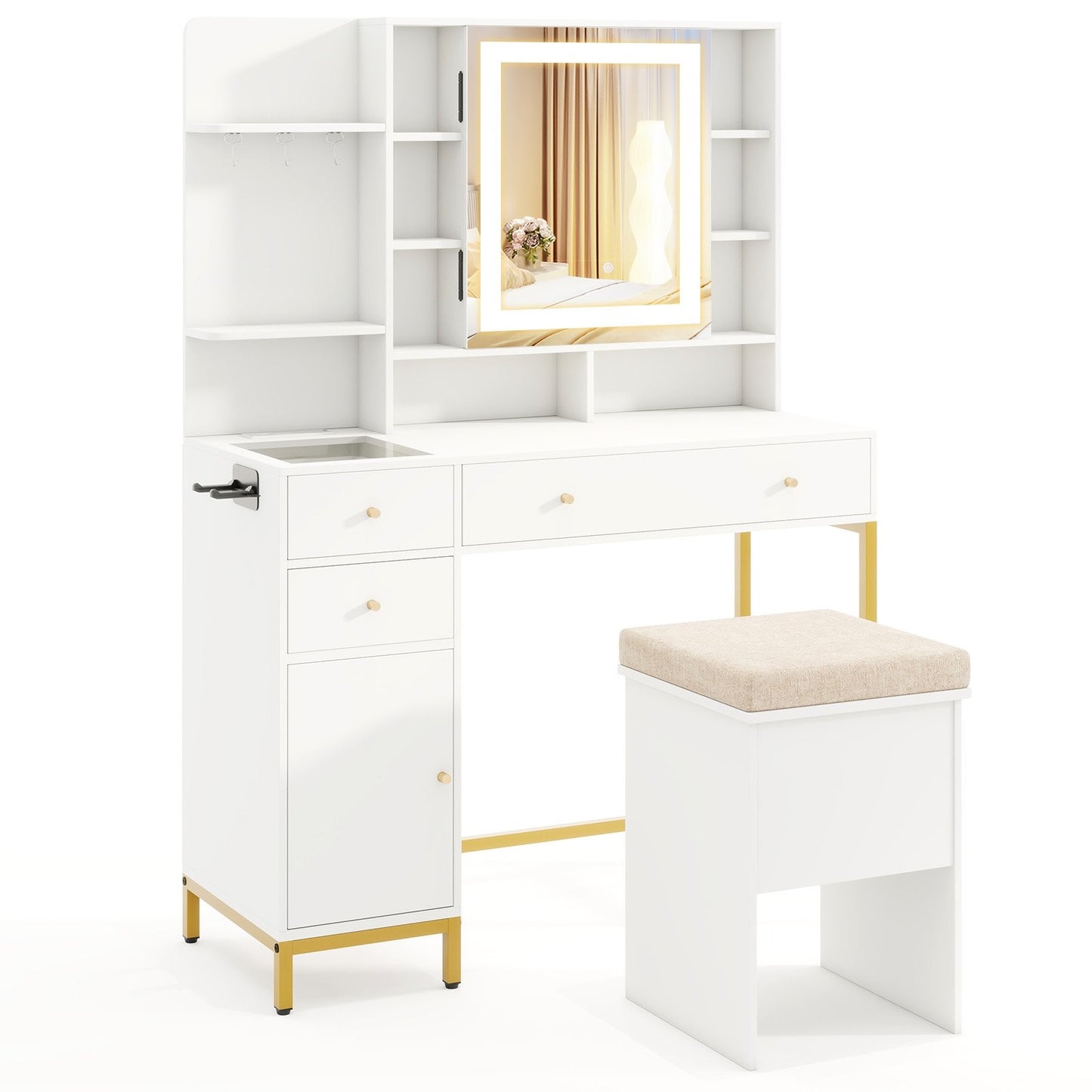 Makeup Dressing Table and Stool set with 3 Lighting Modes and Cabinet-White