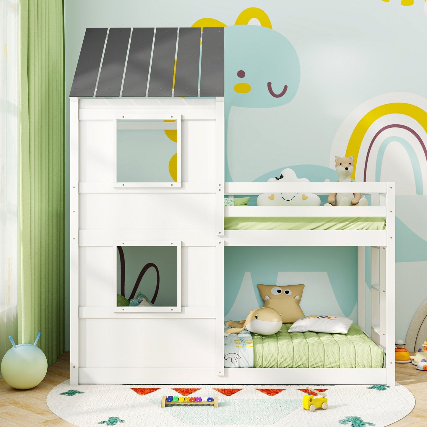 Wooden Twin Over Twin Bunk Bed with Full-length Safety Guardrail and Ladder-White and Gray