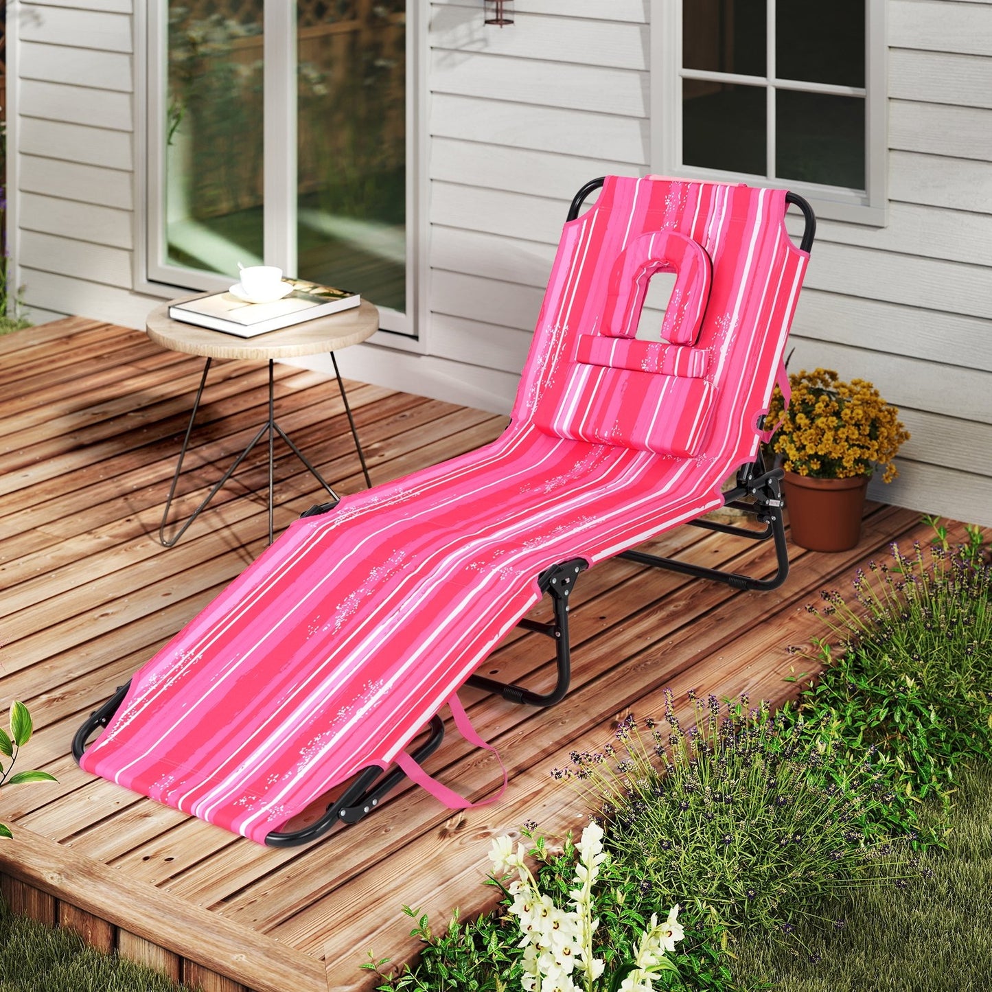 Beach Chaise Lounge Chair with Face Hole and Removable Pillow-Beige