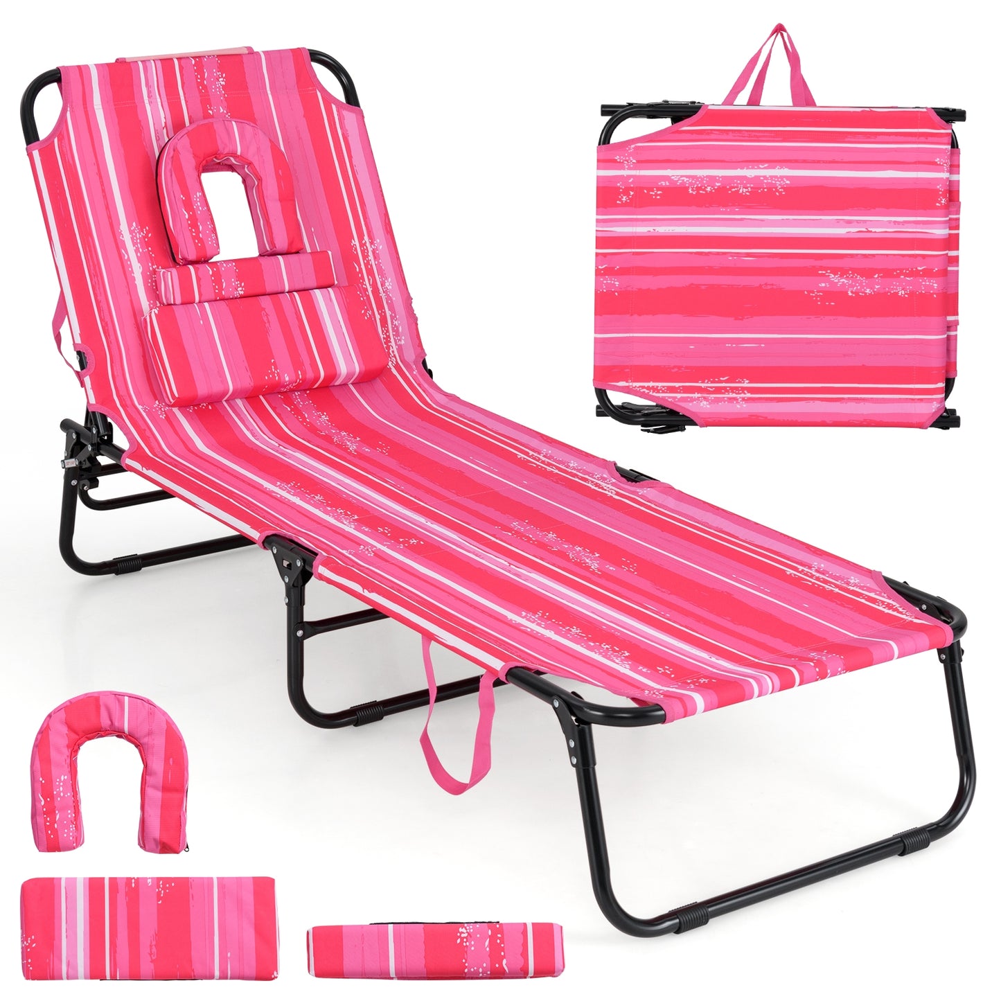 Beach Chaise Lounge Chair with Face Hole and Removable Pillow-Beige