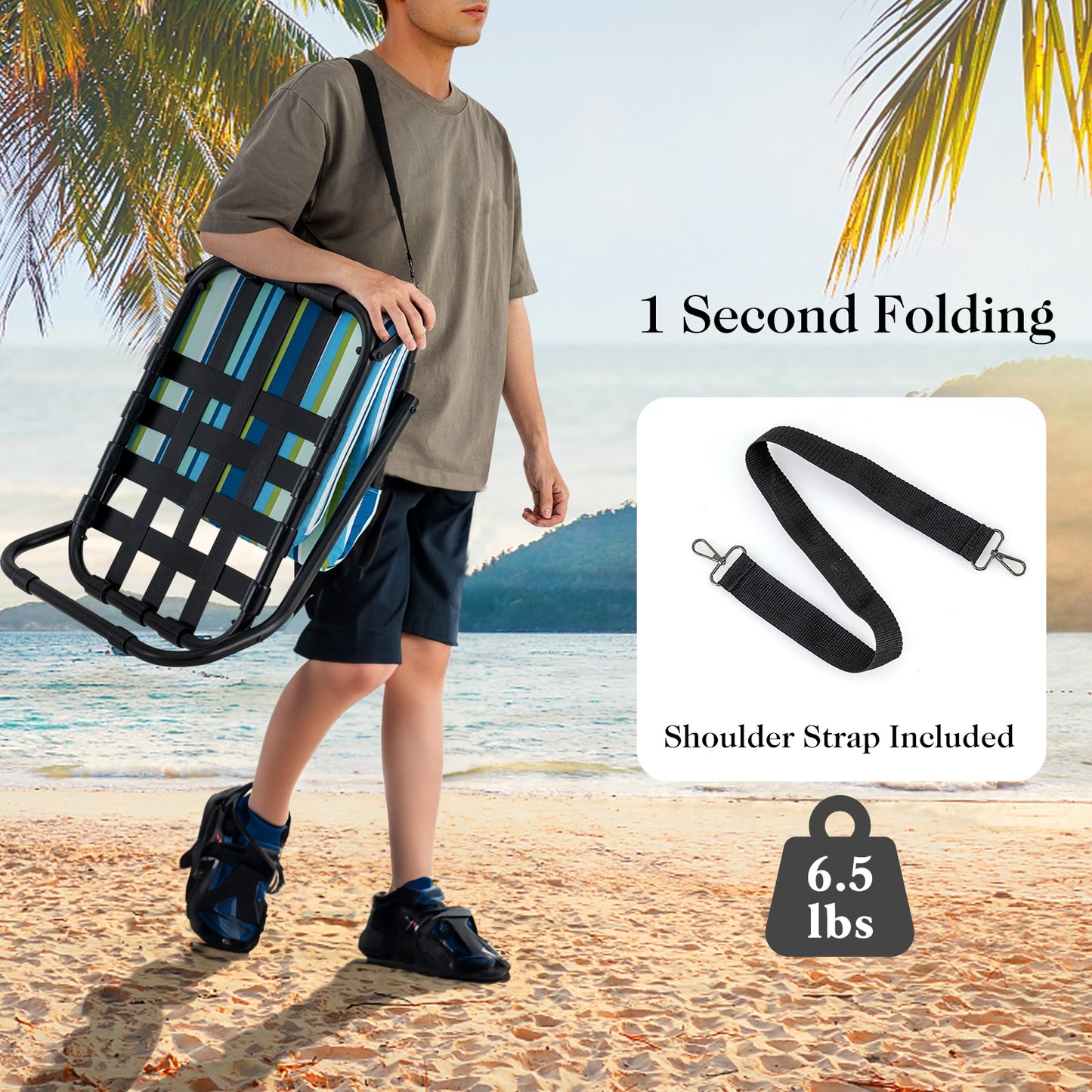 2 Pack Low Folding Beach Chairs for Adults with Cushion-Blue
