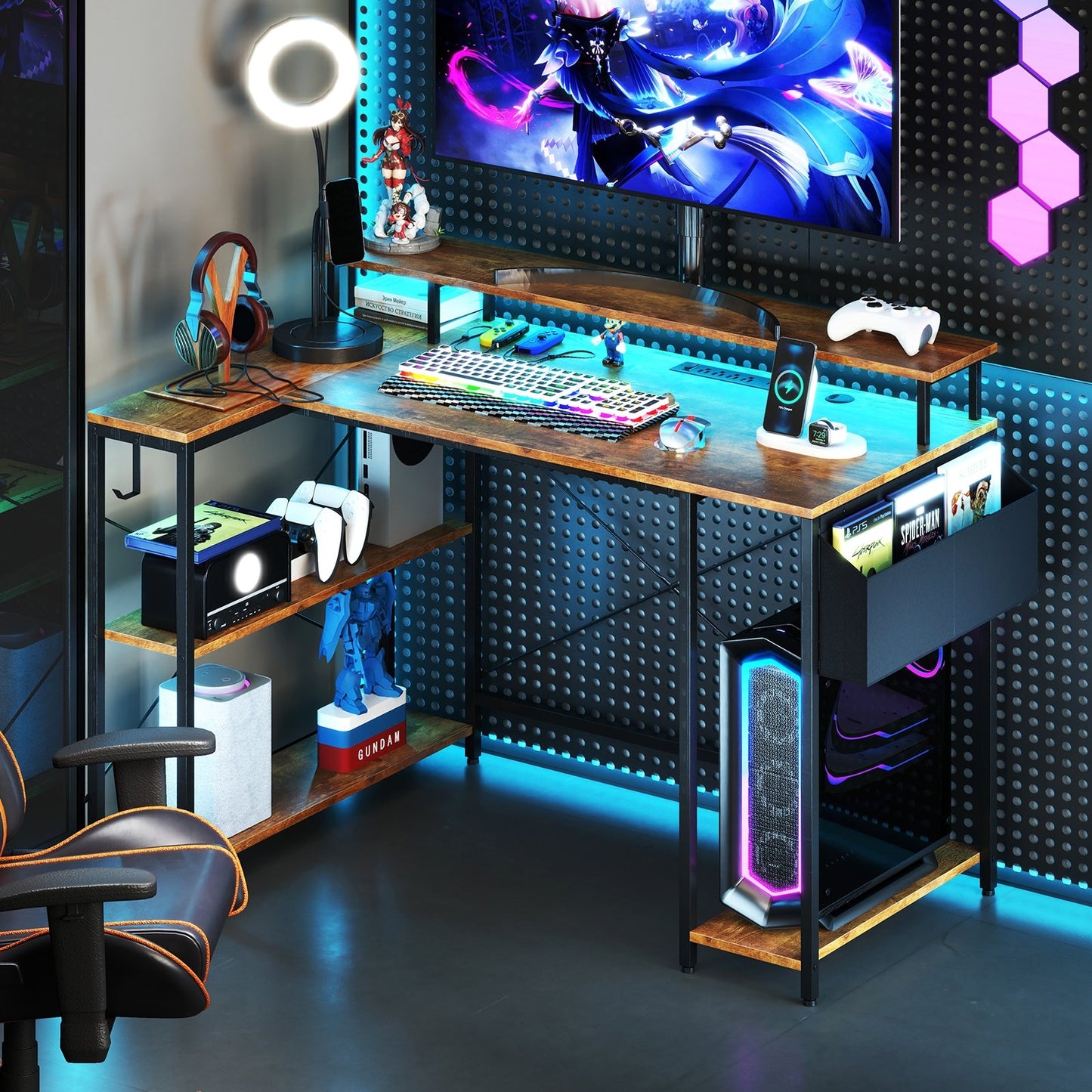 L-Shaped Gaming Desk with LED Lights and Power Outlets-Black