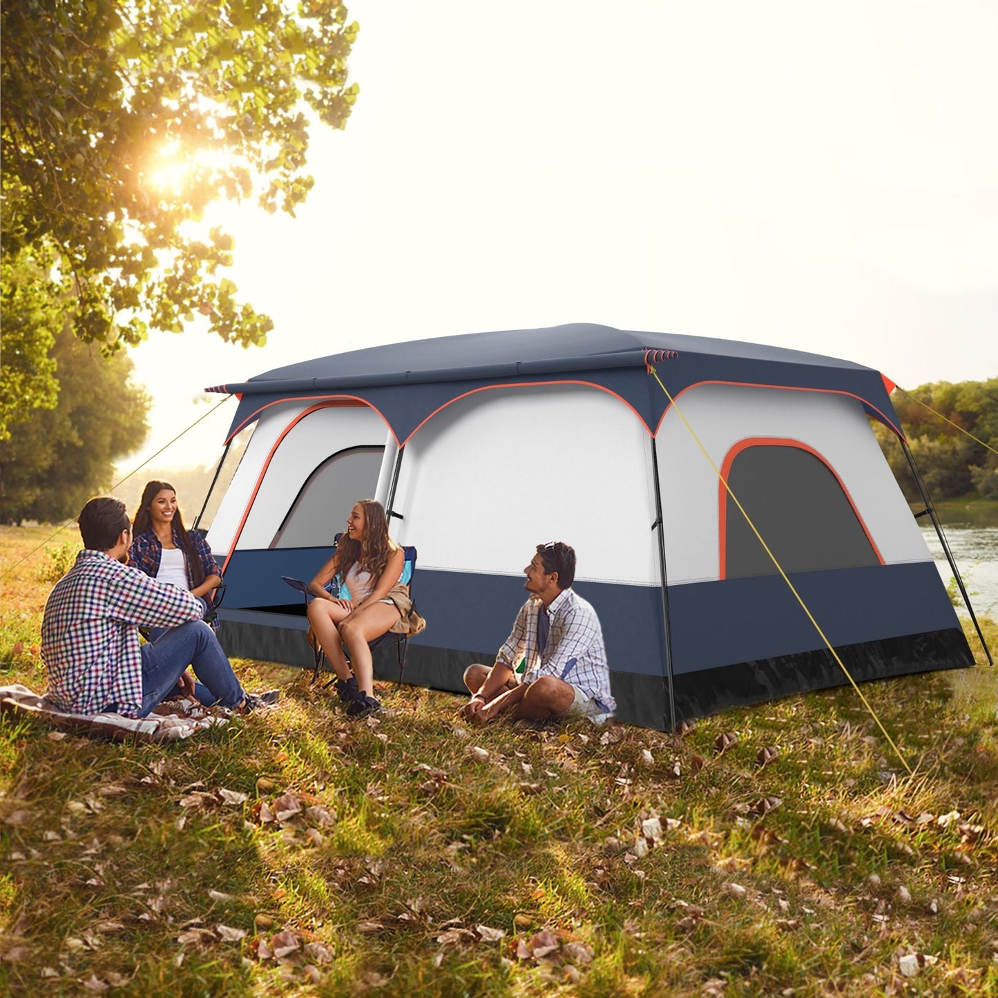 8-10 Person Camping Tent with Double Rooms and 2 Doors-Green