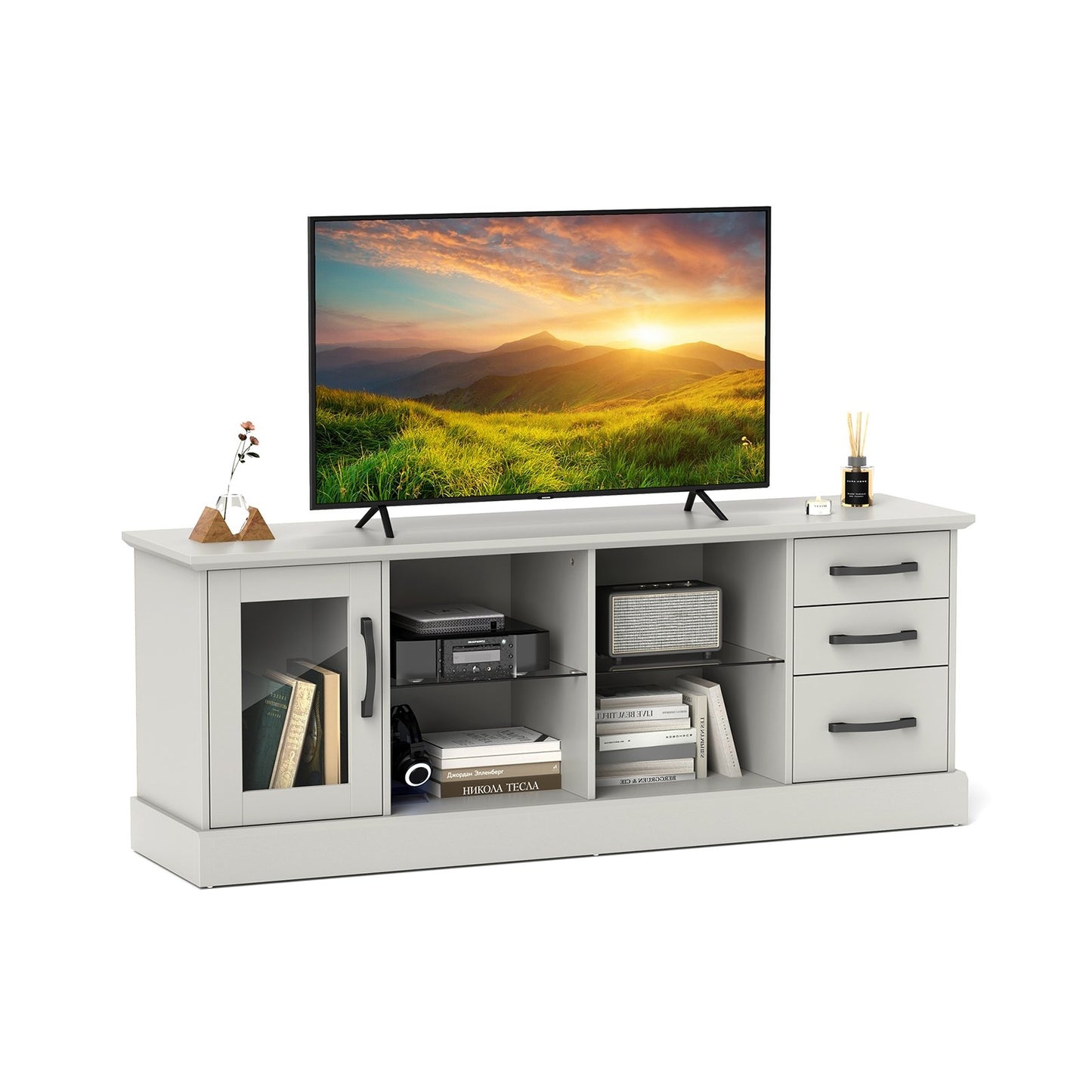 63 Inches Media Console Table with 3 Drawers and 2 Glass Shelves-Black