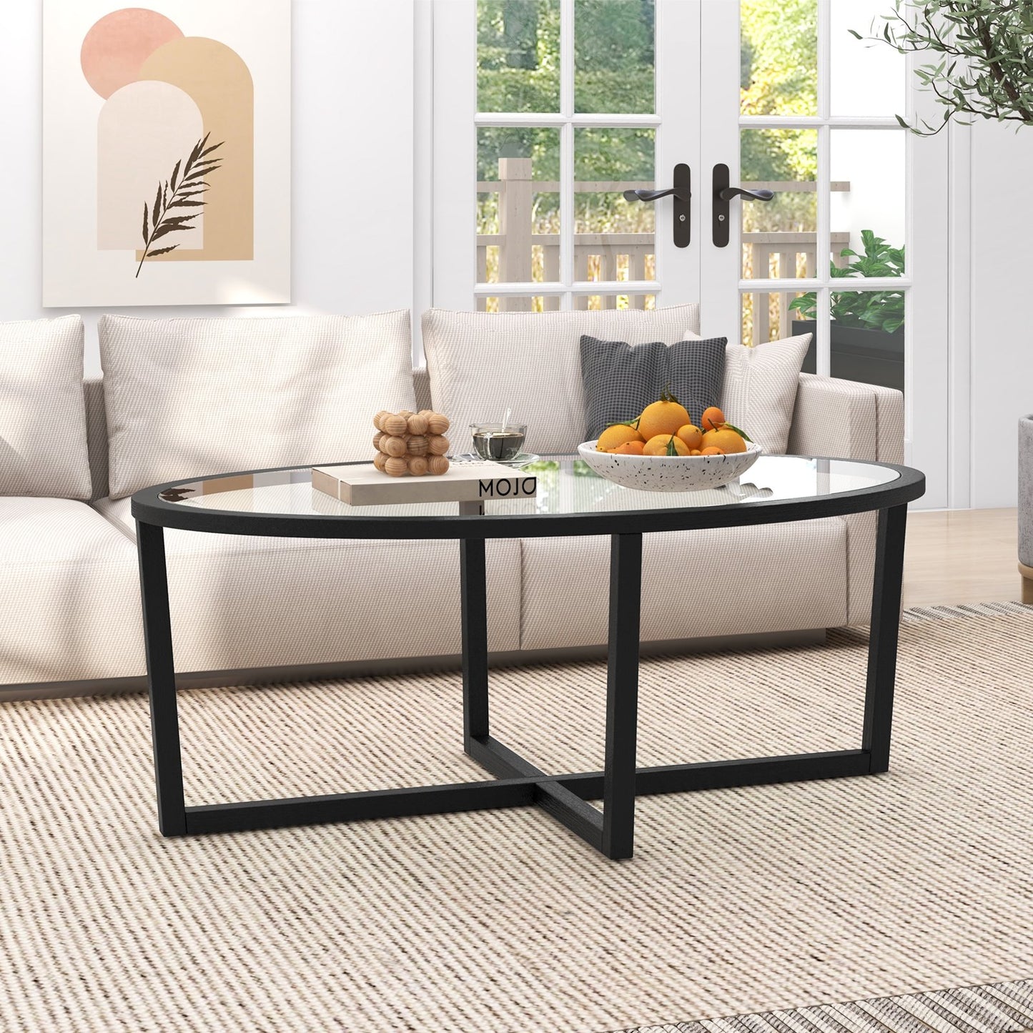 Glass Coffee Table Oval Living Room Table with Cross Base and Acacia Wood Legs-Black