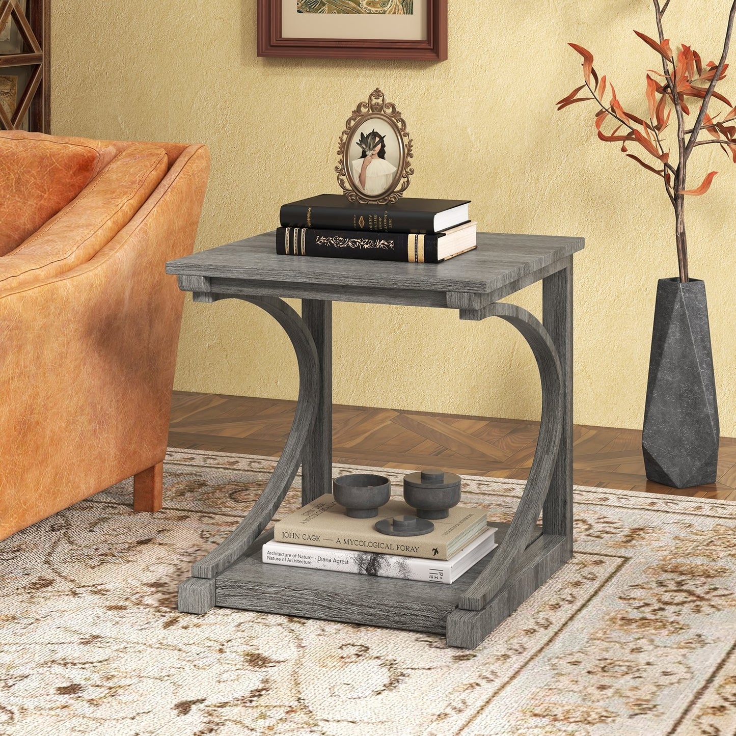 C-shaped 24 Inch 2 Tier Square End Table Sofa Side Table-Grey